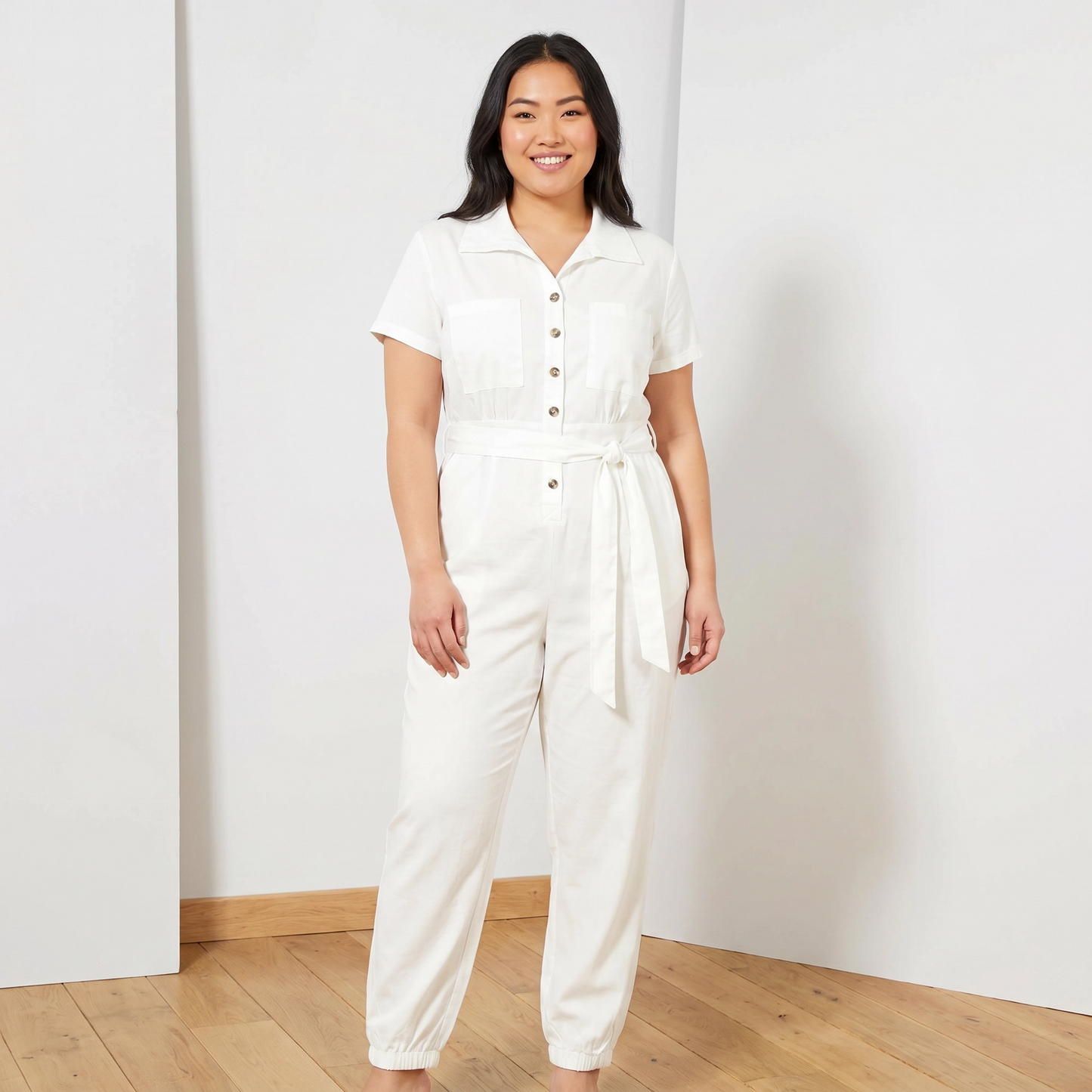 Paw Drazzel Boutique Women's Casual Wear, One Piece, Short Sleeve, Collared Neckline, Button-Front Closure, Full Length Straight Leg, Utility Jumpsuit