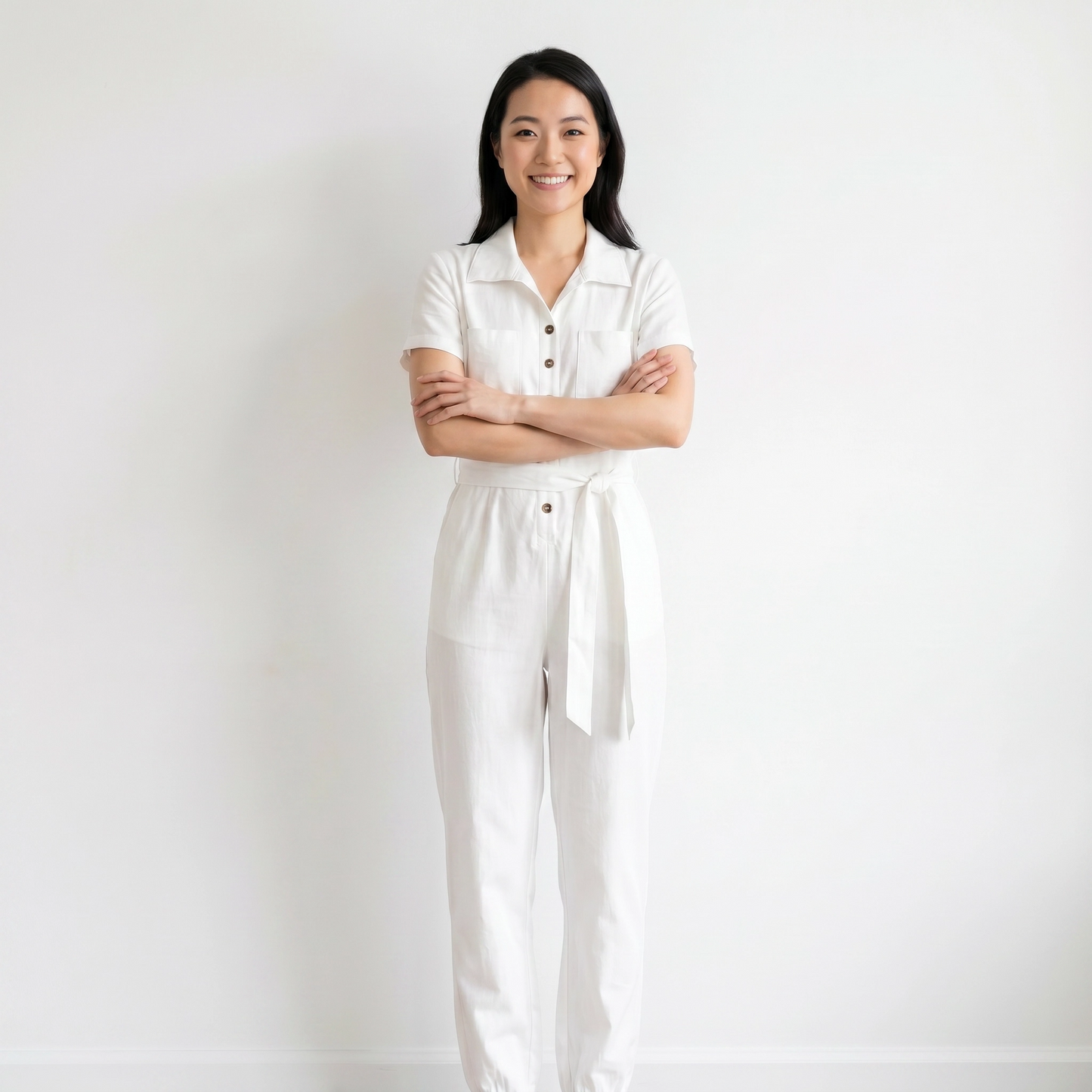 Paw Drazzel Boutique Women's Casual Wear, One Piece, Short Sleeve, Collared Neckline, Button-Front Closure, Full Length Straight Leg, Utility Jumpsuit