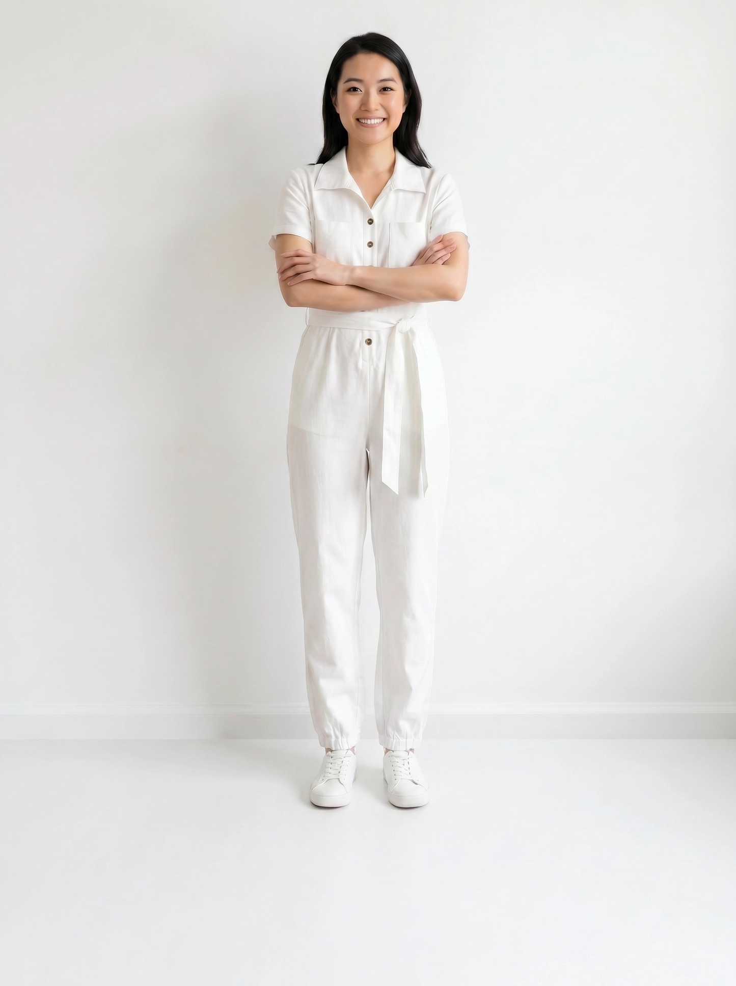 Paw Drazzel Boutique Women's Casual Wear, One Piece, Short Sleeve, Collared Neckline, Button-Front Closure, Full Length Straight Leg, Utility Jumpsuit