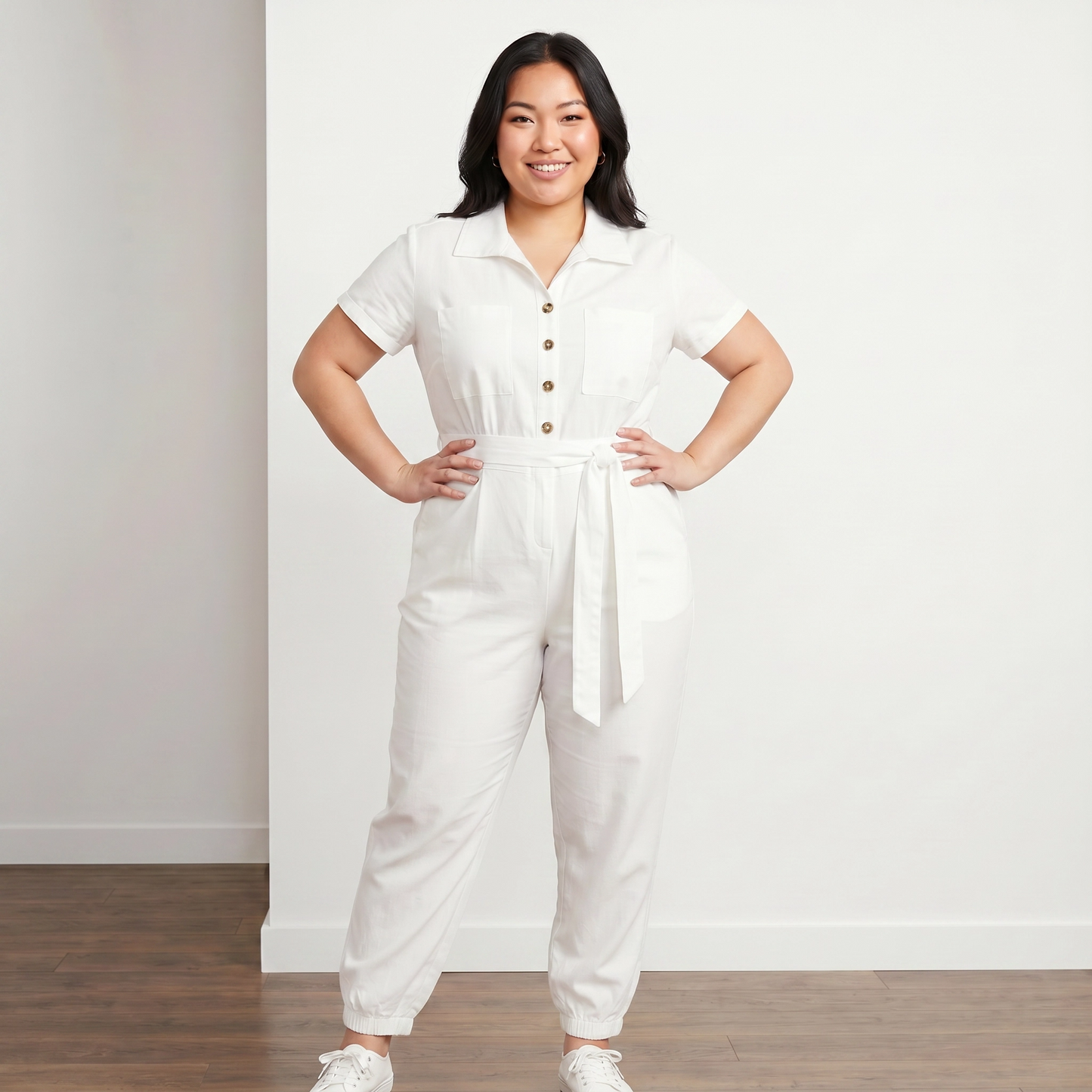 Paw Drazzel Boutique Women's Casual Wear, One Piece, Short Sleeve, Collared Neckline, Button-Front Closure, Full Length Straight Leg, Utility Jumpsuit