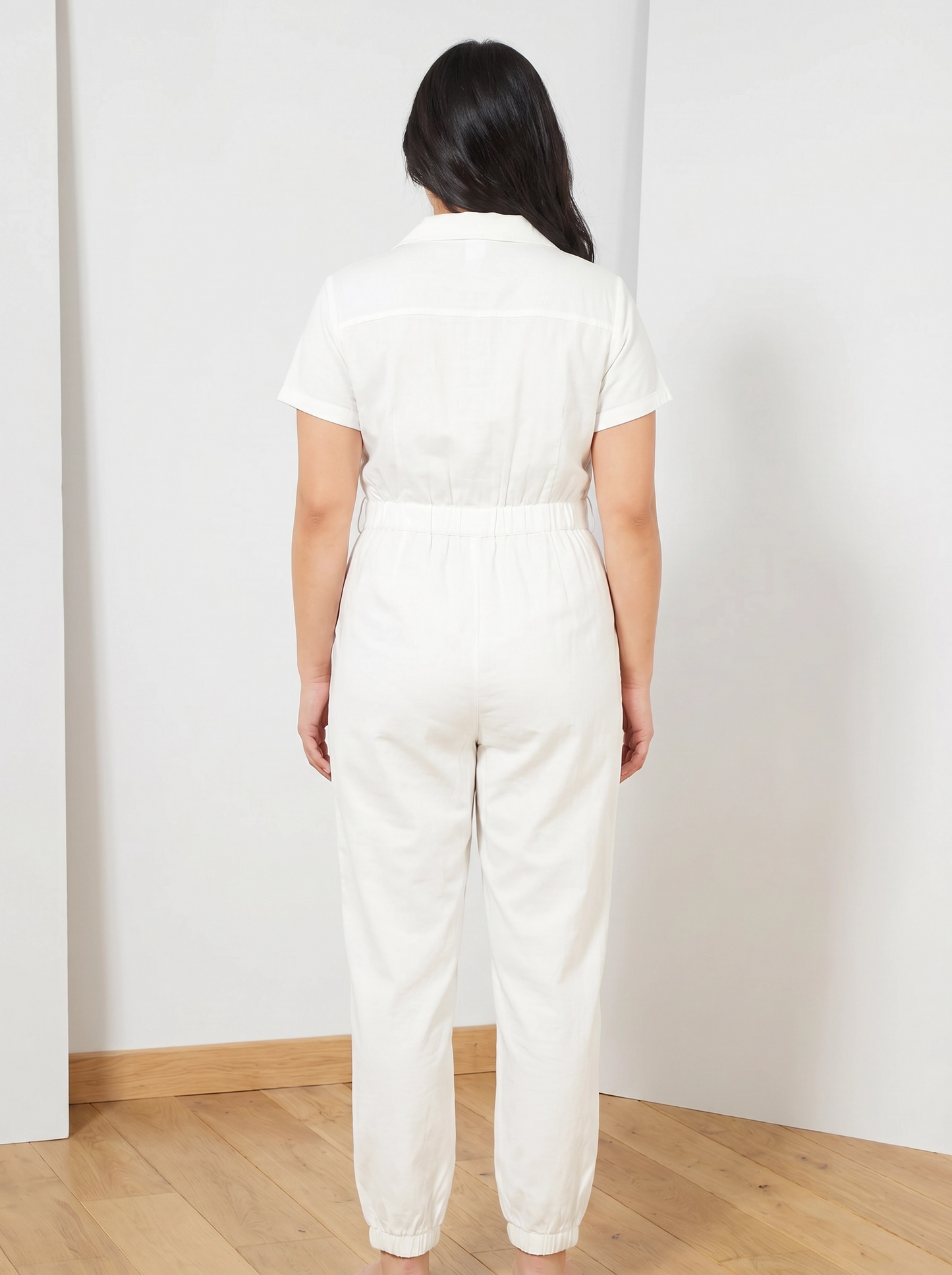 Paw Drazzel Boutique Women's Casual Wear, One Piece, Short Sleeve, Collared Neckline, Button-Front Closure, Full Length Straight Leg, Utility Jumpsuit