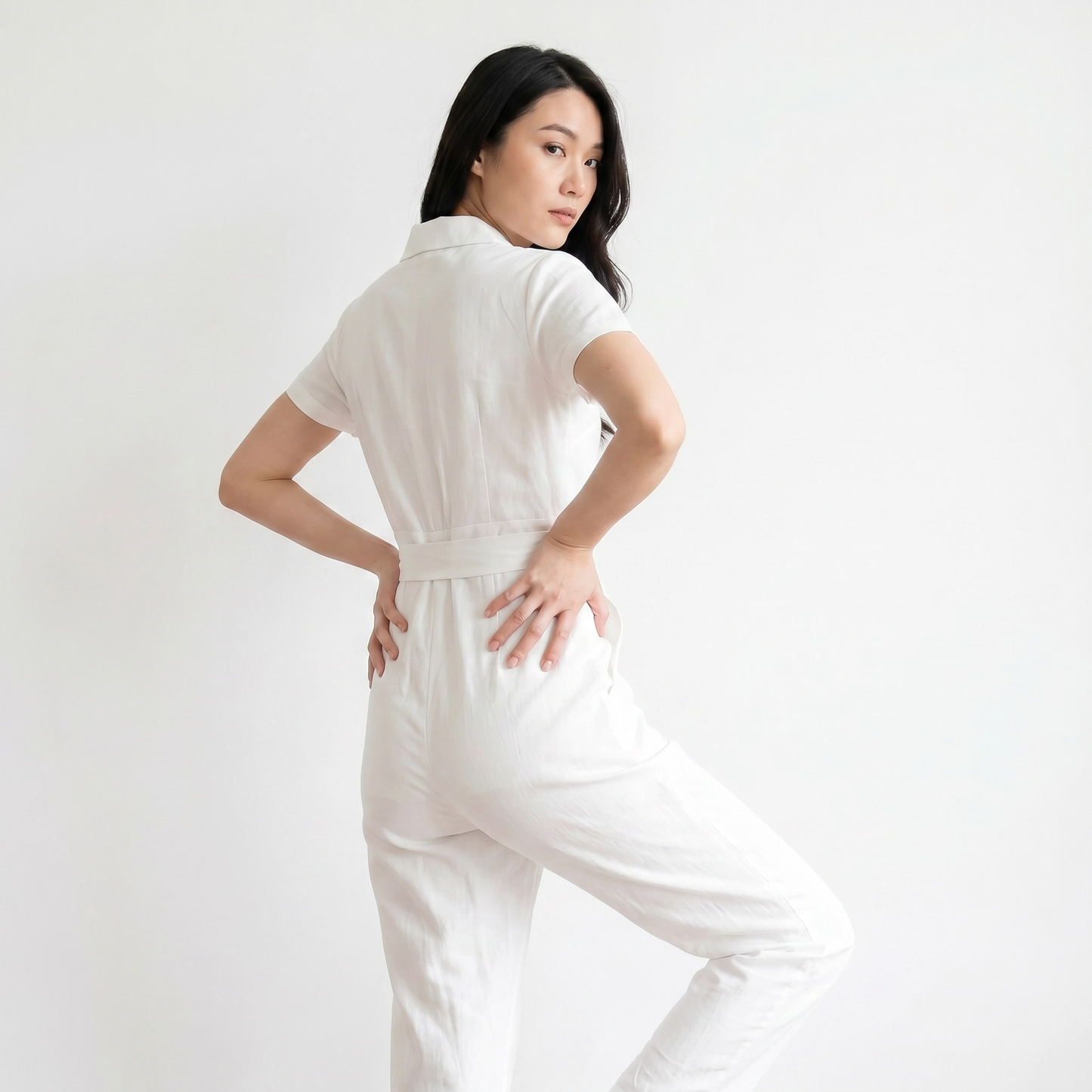 Paw Drazzel Boutique Women's Casual Wear, One Piece, Short Sleeve, Collared Neckline, Button-Front Closure, Full Length Straight Leg, Utility Jumpsuit