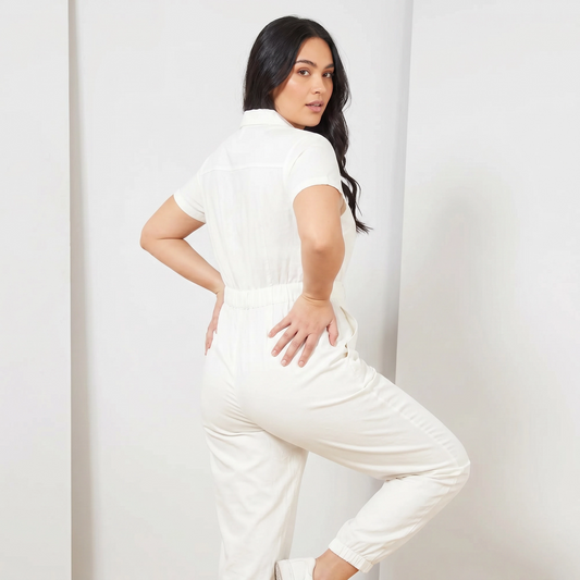 Paw Drazzel Boutique Women's Casual Wear, One Piece, Short Sleeve, Collared Neckline, Button-Front Closure, Full Length Straight Leg, Utility Jumpsuit