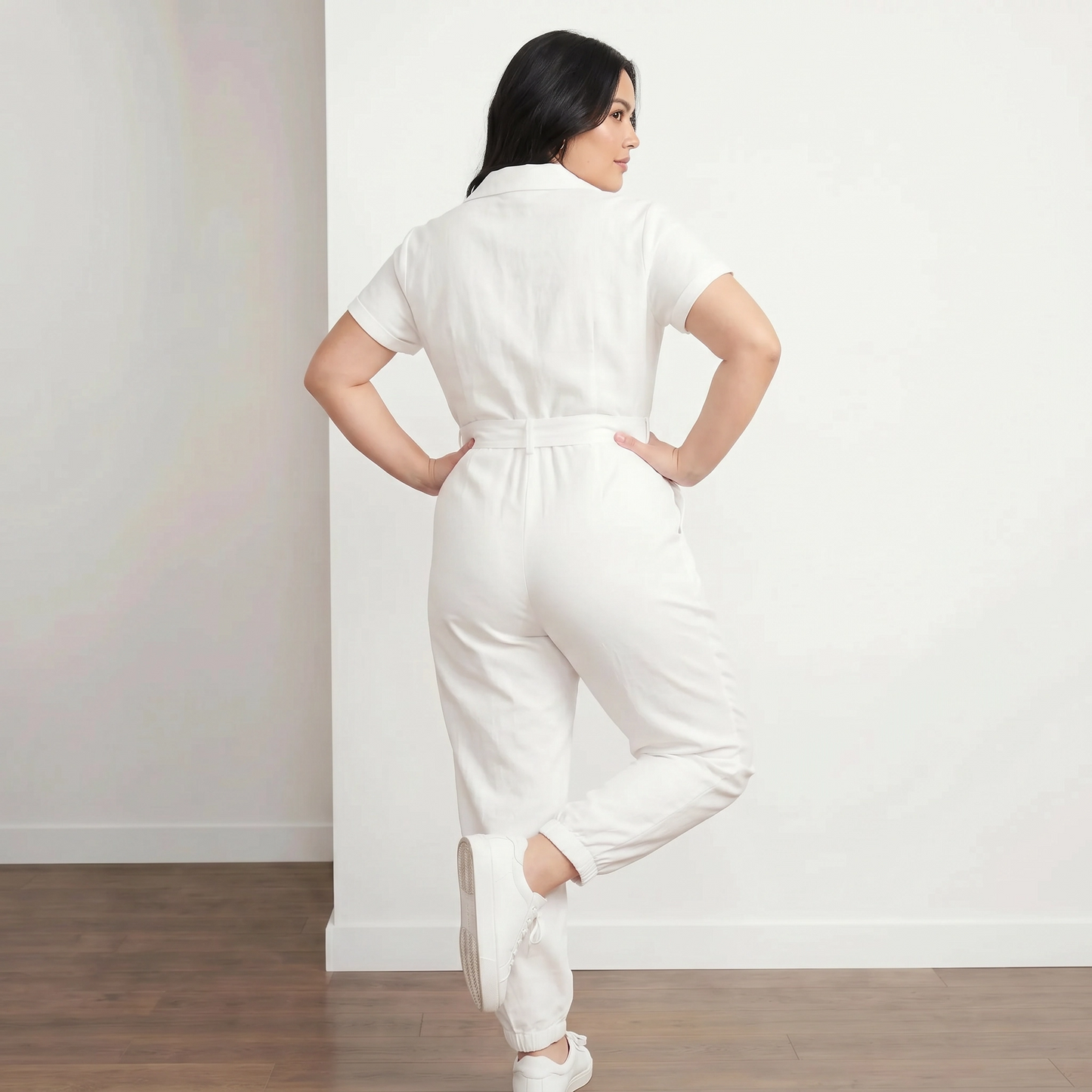 Paw Drazzel Boutique Women's Casual Wear, One Piece, Short Sleeve, Collared Neckline, Button-Front Closure, Full Length Straight Leg, Utility Jumpsuit