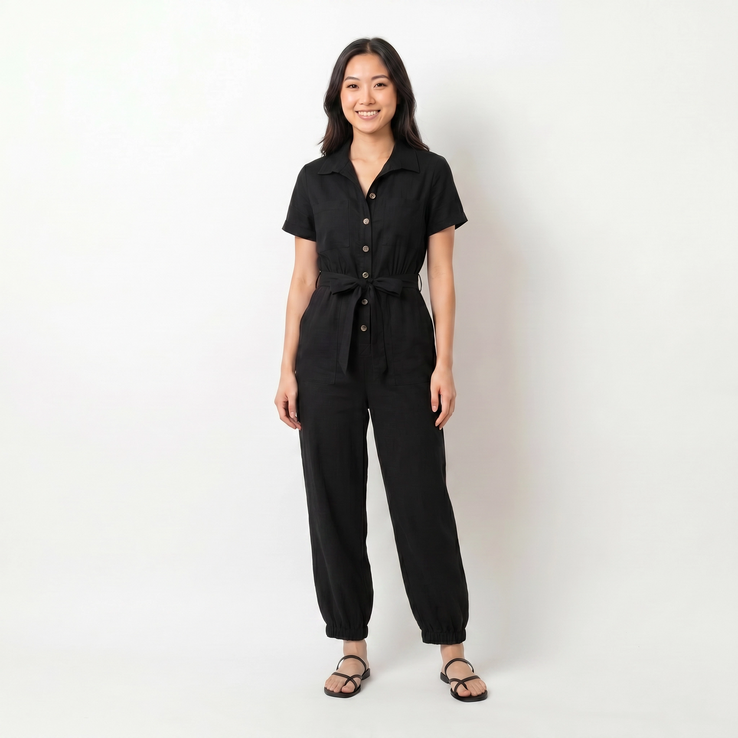 Paw Drazzel Boutique Women's Casual Wear, One Piece, Short Sleeve, Collared Neckline, Button-Front Closure, Full Length Straight Leg, Utility Jumpsuit