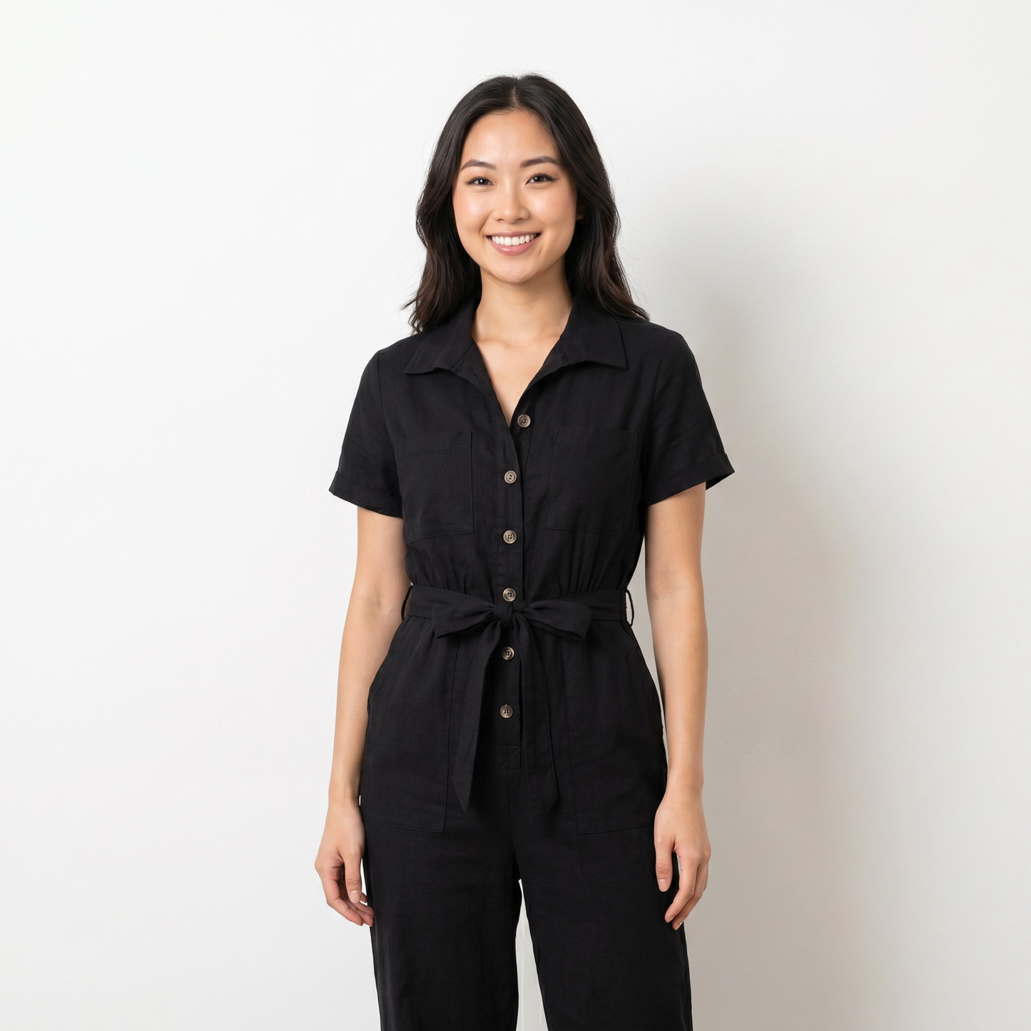 Paw Drazzel Boutique Women's Casual Wear, One Piece, Short Sleeve, Collared Neckline, Button-Front Closure, Full Length Straight Leg, Utility Jumpsuit
