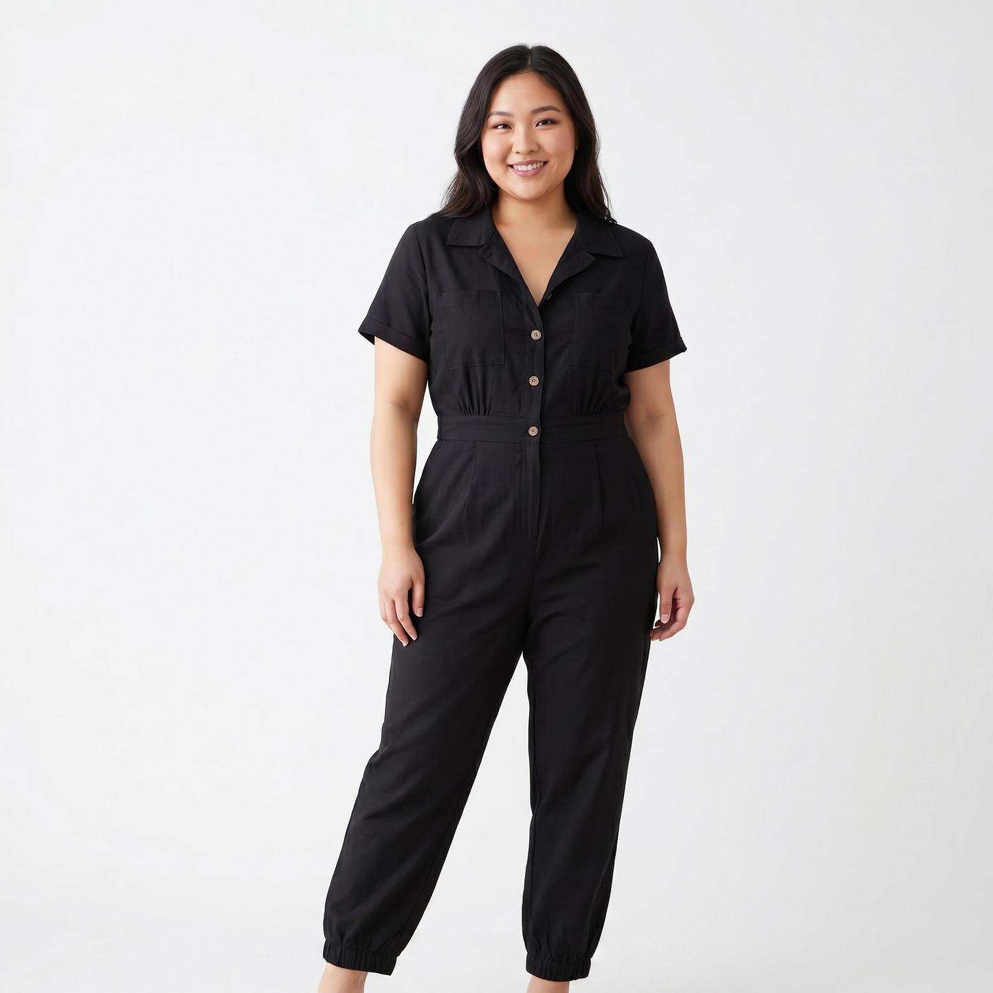 Paw Drazzel Boutique Women's Casual Wear, One Piece, Short Sleeve, Collared Neckline, Button-Front Closure, Full Length Straight Leg, Utility Jumpsuit