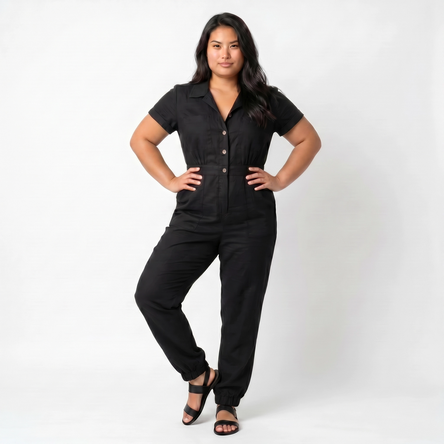 Paw Drazzel Boutique Women's Casual Wear, One Piece, Short Sleeve, Collared Neckline, Button-Front Closure, Full Length Straight Leg, Utility Jumpsuit
