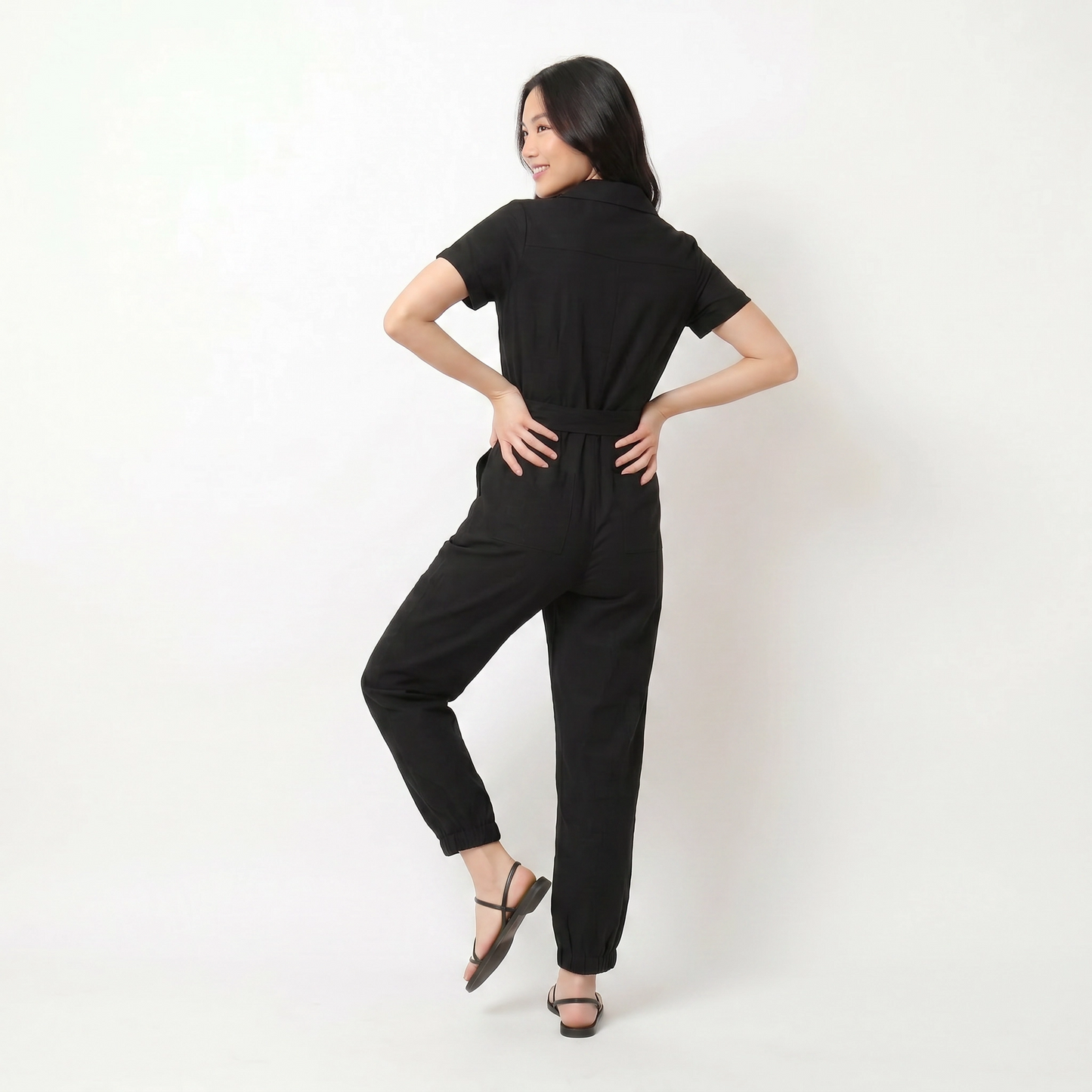 Paw Drazzel Boutique Women's Casual Wear, One Piece, Short Sleeve, Collared Neckline, Button-Front Closure, Full Length Straight Leg, Utility Jumpsuit