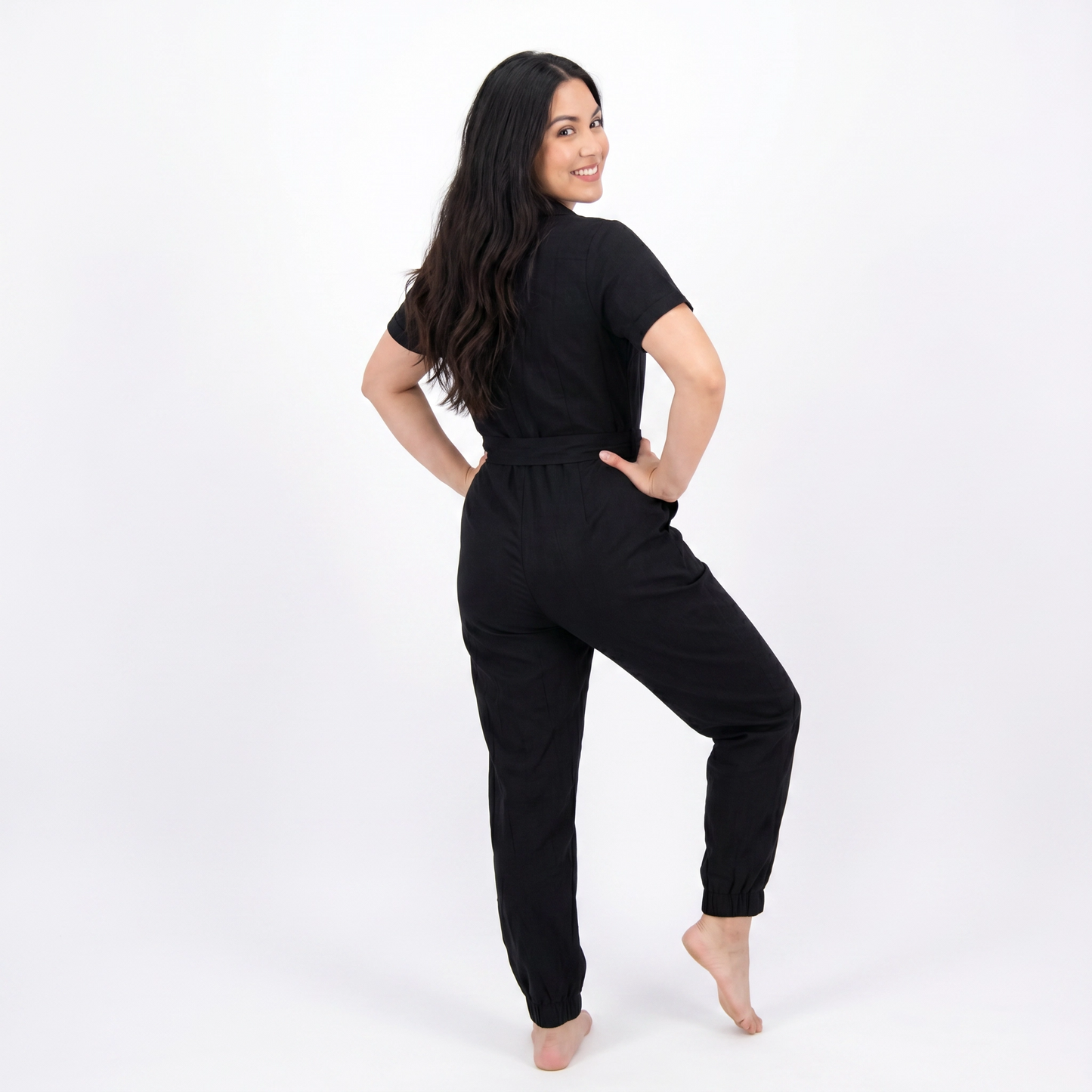 Paw Drazzel Boutique Women's Casual Wear, One Piece, Short Sleeve, Collared Neckline, Button-Front Closure, Full Length Straight Leg, Utility Jumpsuit