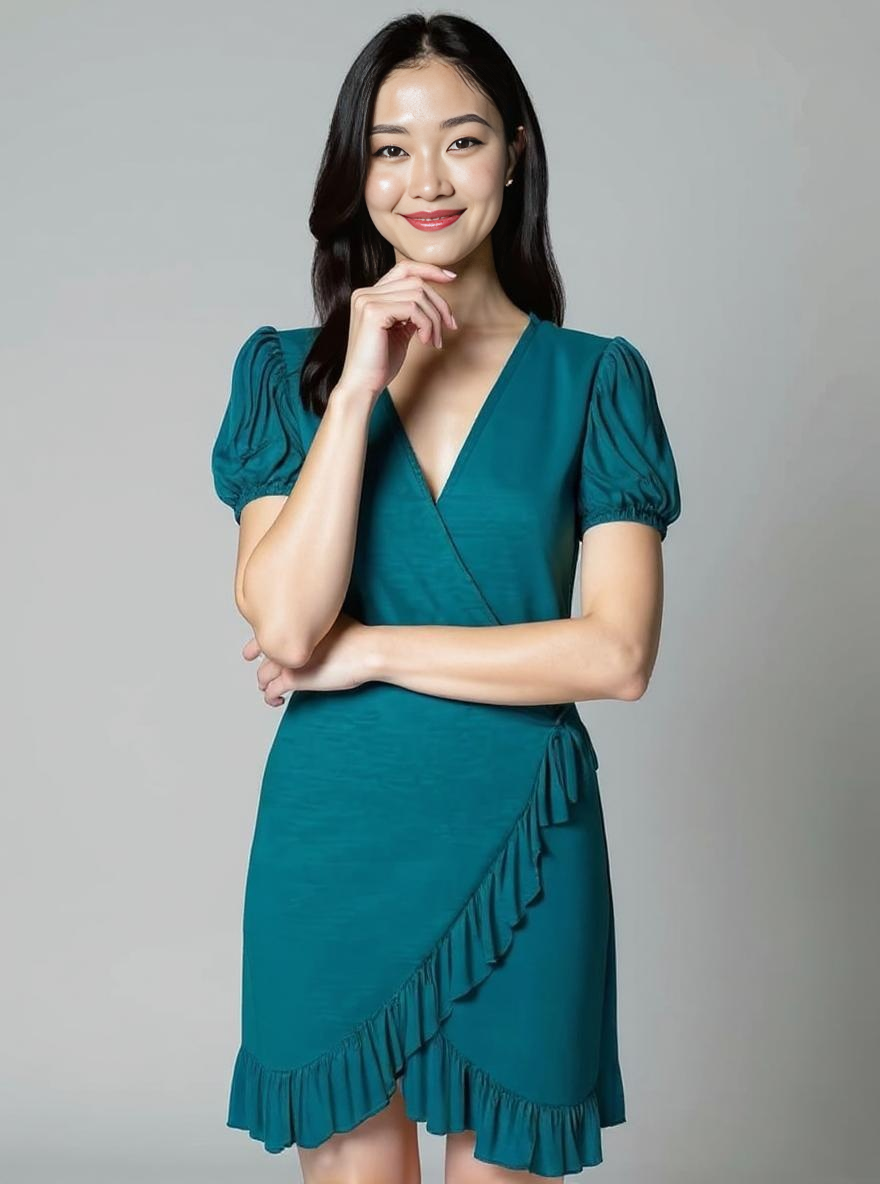 Paw Drazzel Boutique Women's Casualwear, Summer Wear, Full Shoulder, Puffed Sleeve, V Neck Wrap-Around Dress