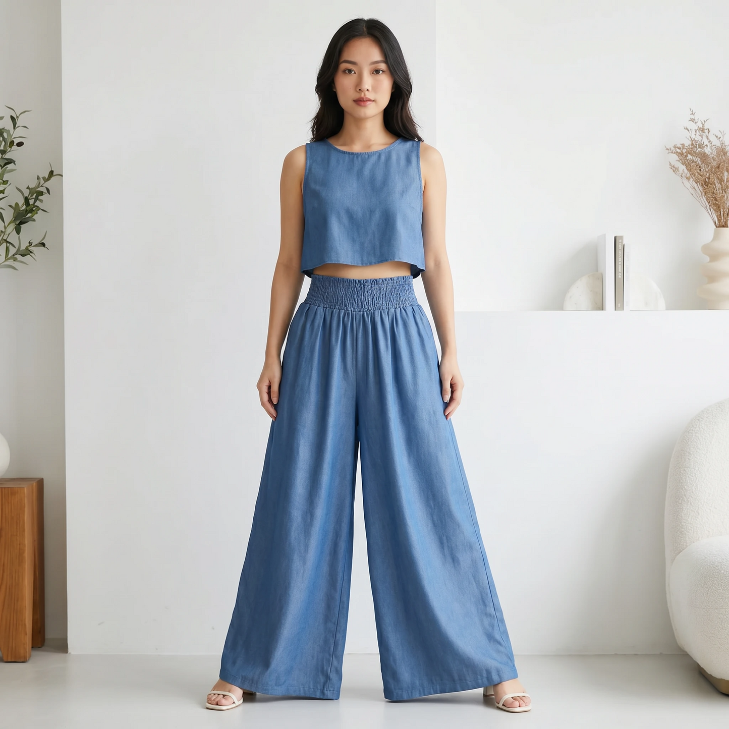 Paw Drazzel Boutique Women's High-Waisted, Straight Wide Leg, Elastic Waist Band, Smooth Front Panel, Side Pockets,  Gathered Denim, Lounge Pants