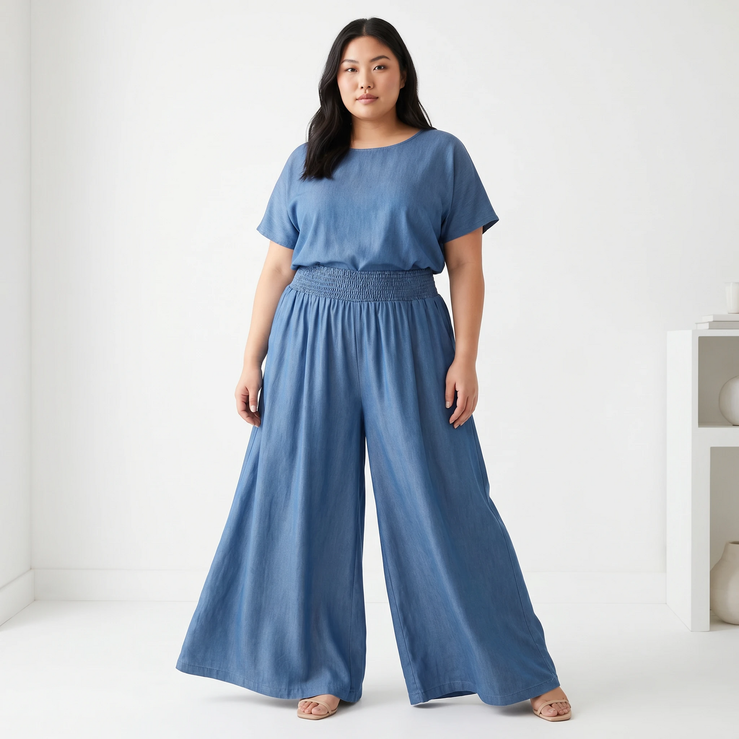 Paw Drazzel Boutique Women's High-Waisted, Straight Wide Leg, Elastic Waist Band, Smooth Front Panel, Side Pockets,  Gathered Denim, Lounge Pants