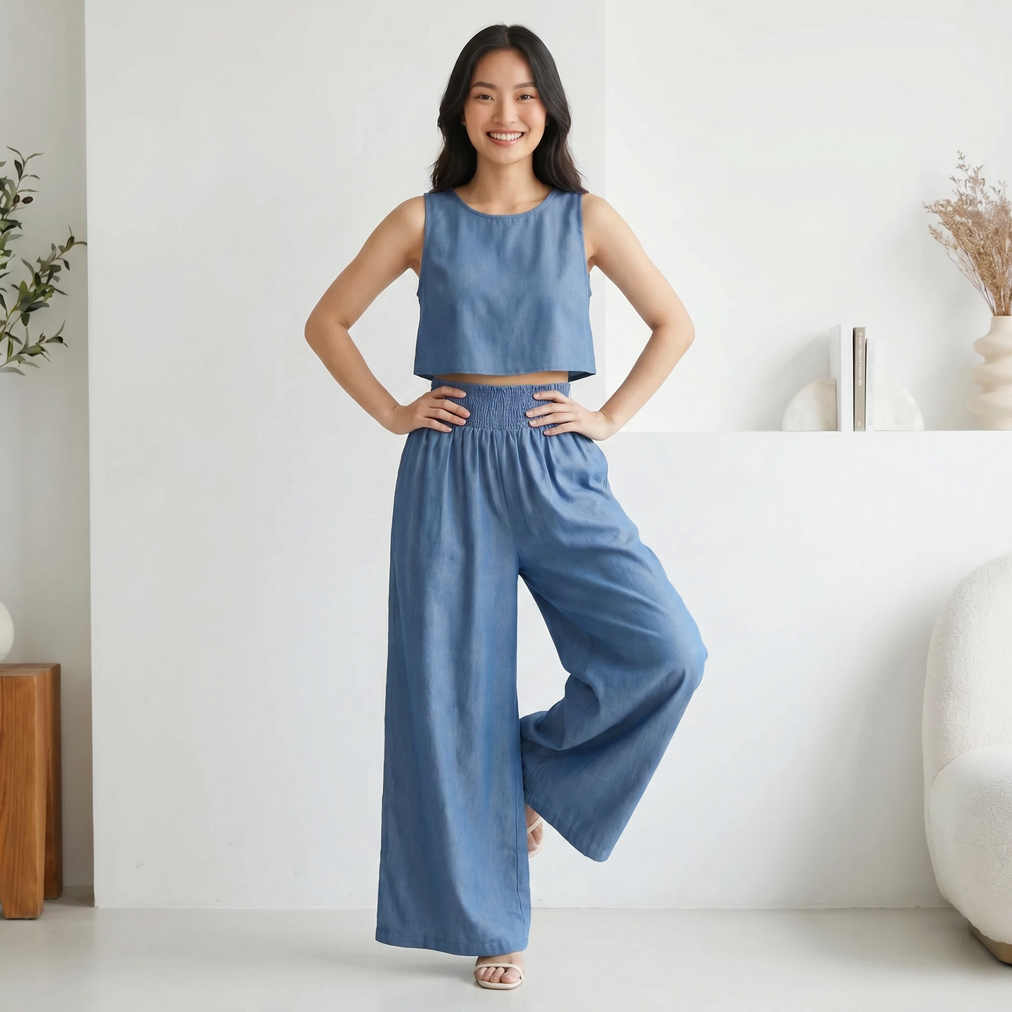 Paw Drazzel Boutique Women's High-Waisted, Straight Wide Leg, Elastic Waist Band, Smooth Front Panel, Side Pockets,  Gathered Denim, Lounge Pants