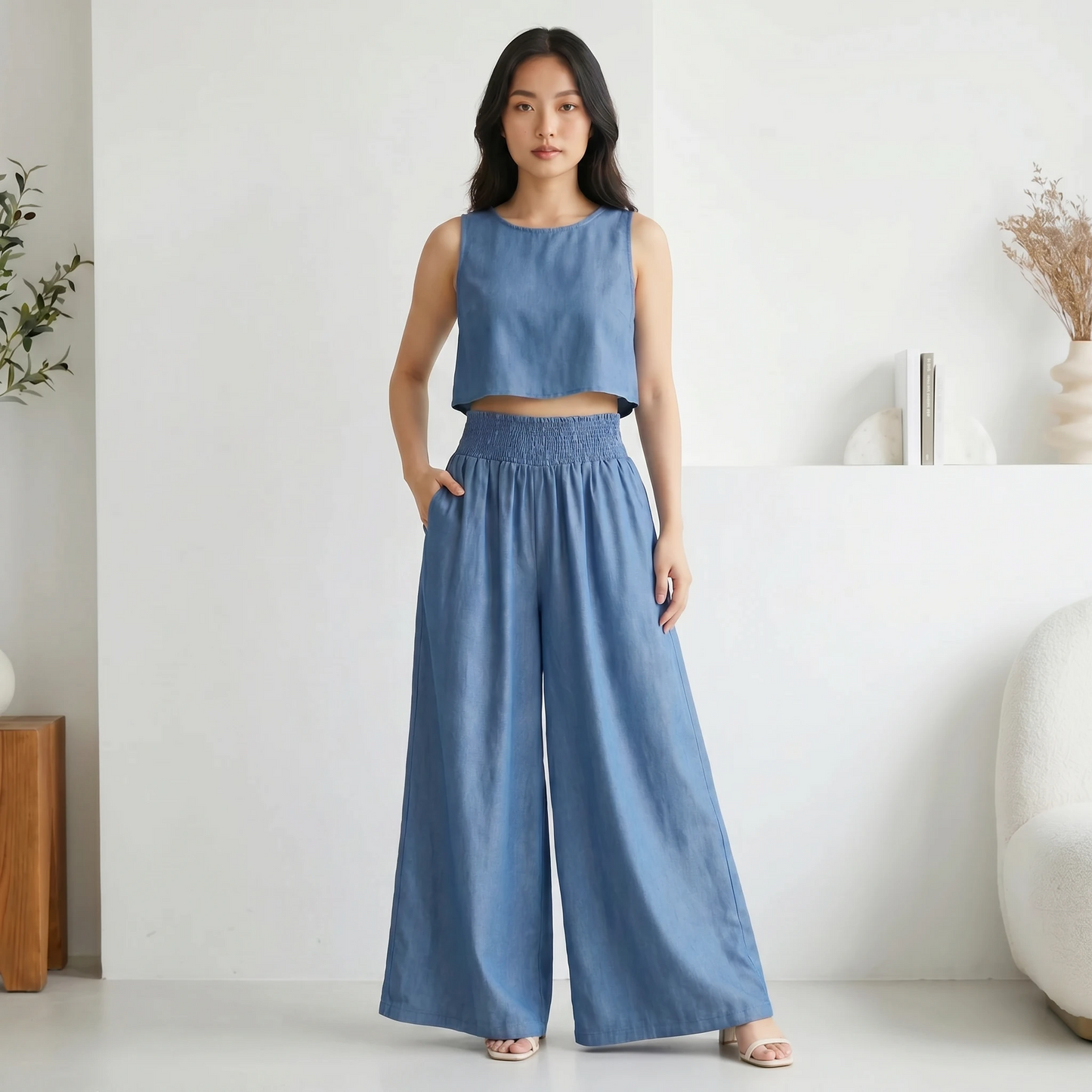 Paw Drazzel Boutique Women's High-Waisted, Straight Wide Leg, Elastic Waist Band, Smooth Front Panel, Side Pockets,  Gathered Denim, Lounge Pants