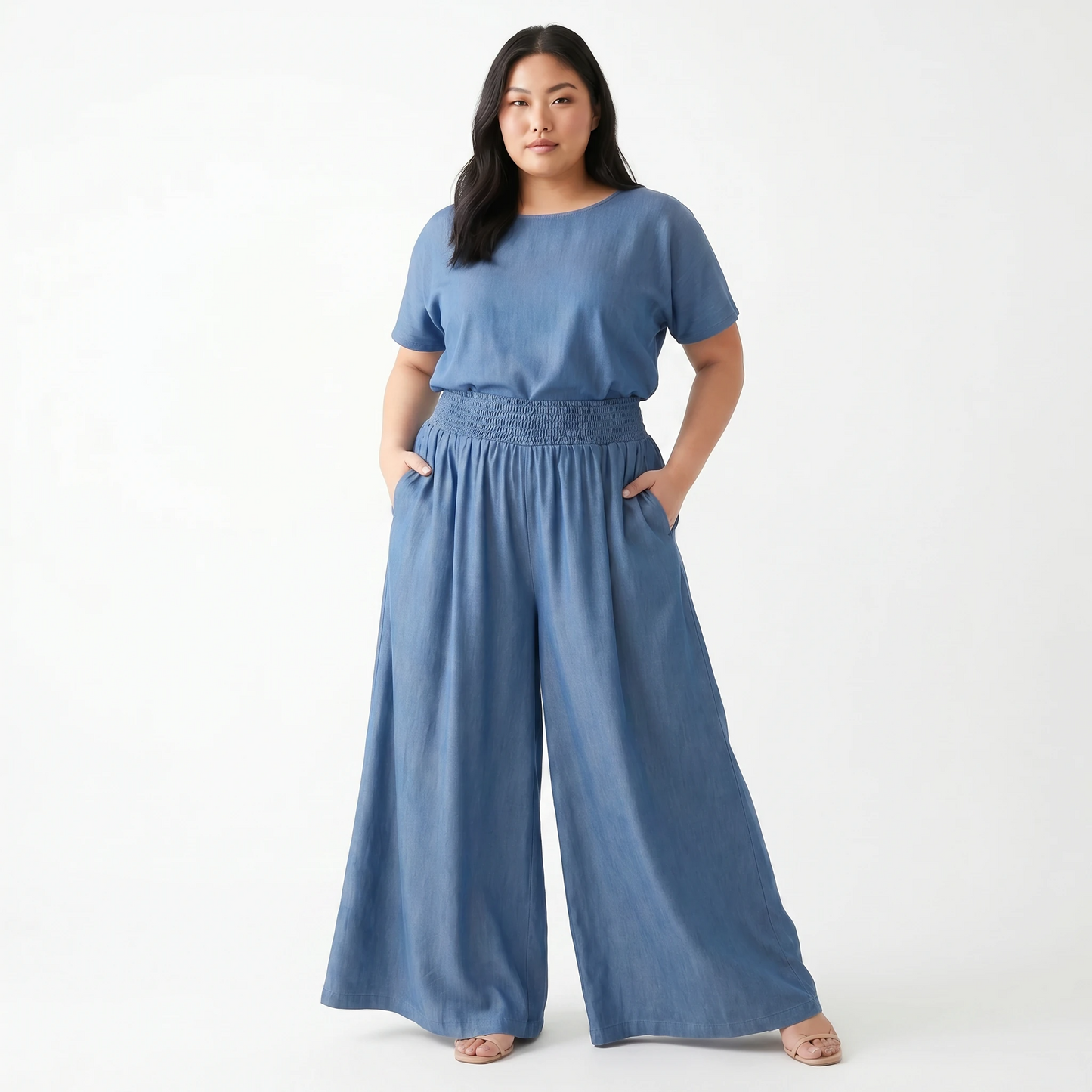Paw Drazzel Boutique Women's High-Waisted, Straight Wide Leg, Elastic Waist Band, Smooth Front Panel, Side Pockets,  Gathered Denim, Lounge Pants
