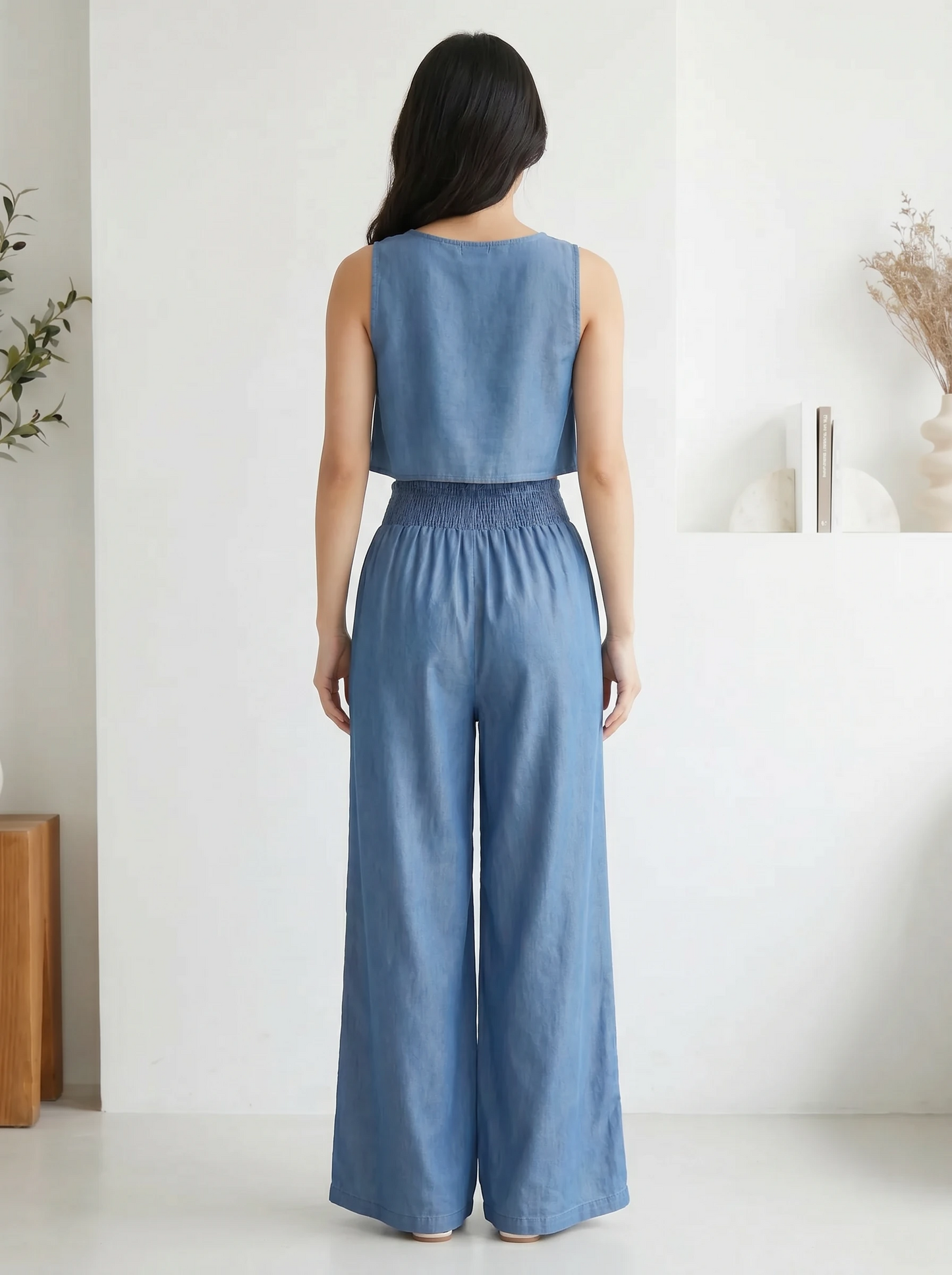 Paw Drazzel Boutique Women's High-Waisted, Straight Wide Leg, Elastic Waist Band, Smooth Front Panel, Side Pockets,  Gathered Denim, Lounge Pants