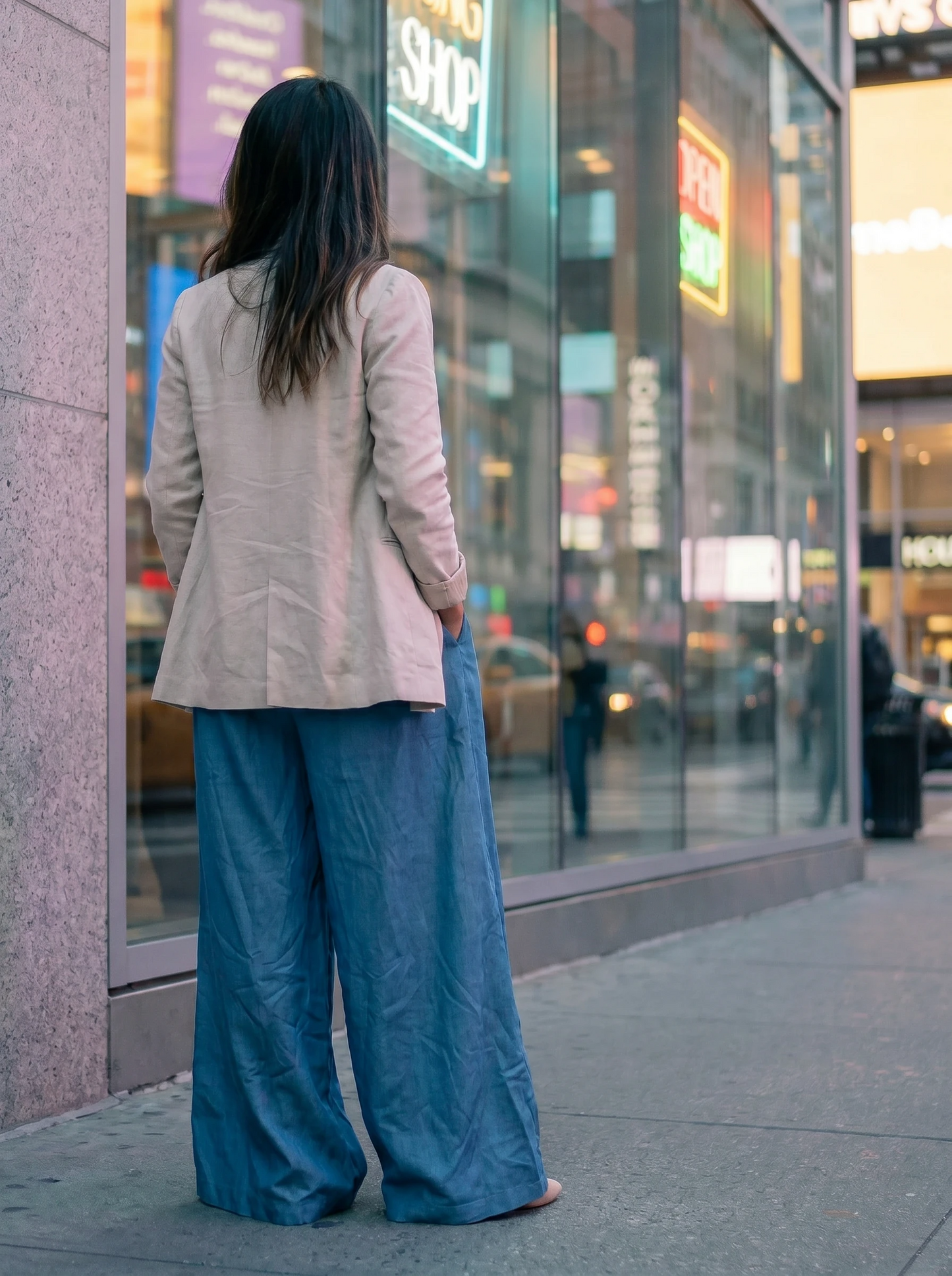 Paw Drazzel Boutique Women's High-Waisted, Straight Wide Leg, Elastic Waist Band, Smooth Front Panel, Side Pockets,  Gathered Denim, Lounge Pants