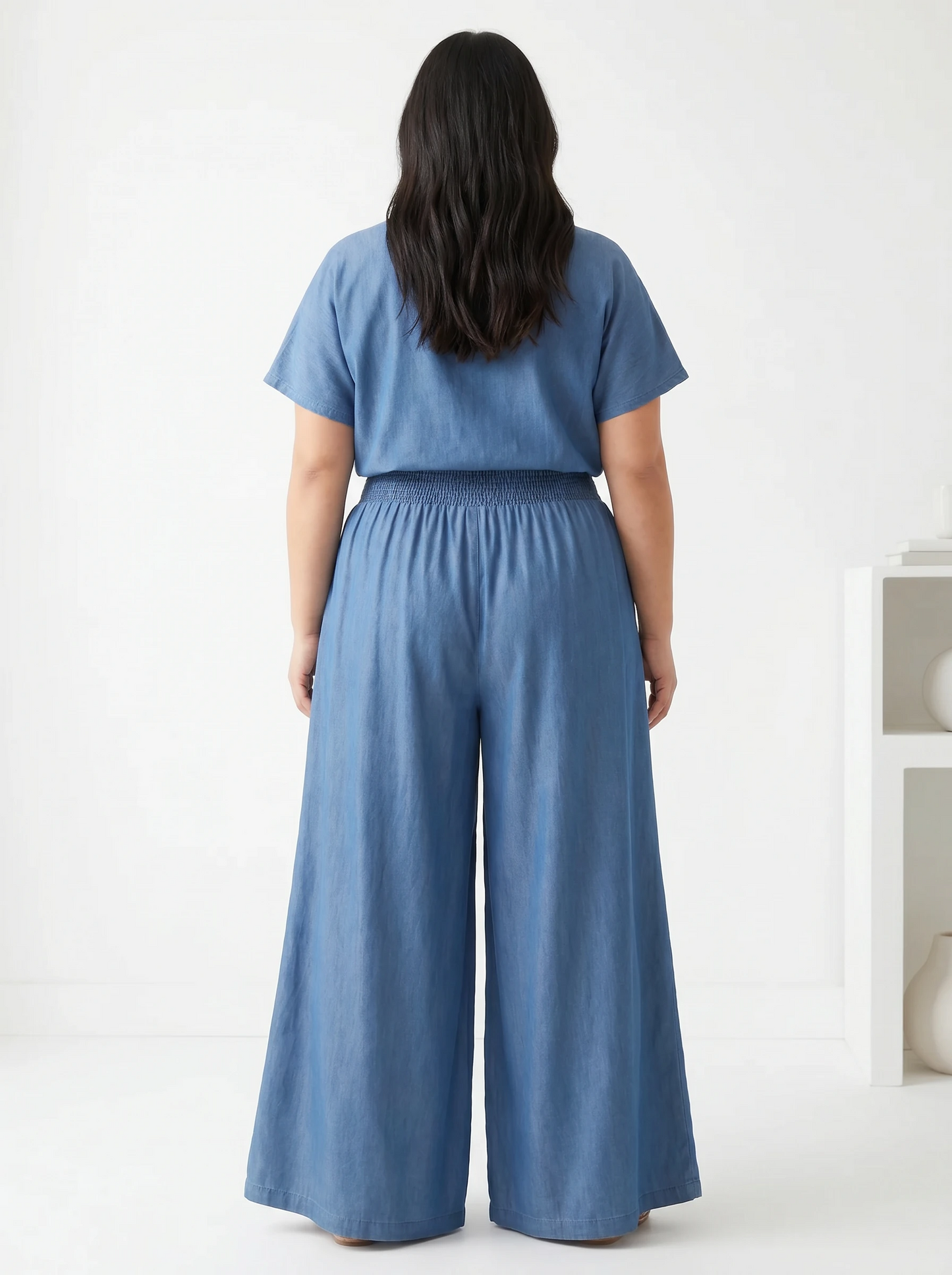 Paw Drazzel Boutique Women's High-Waisted, Straight Wide Leg, Elastic Waist Band, Smooth Front Panel, Side Pockets,  Gathered Denim, Lounge Pants