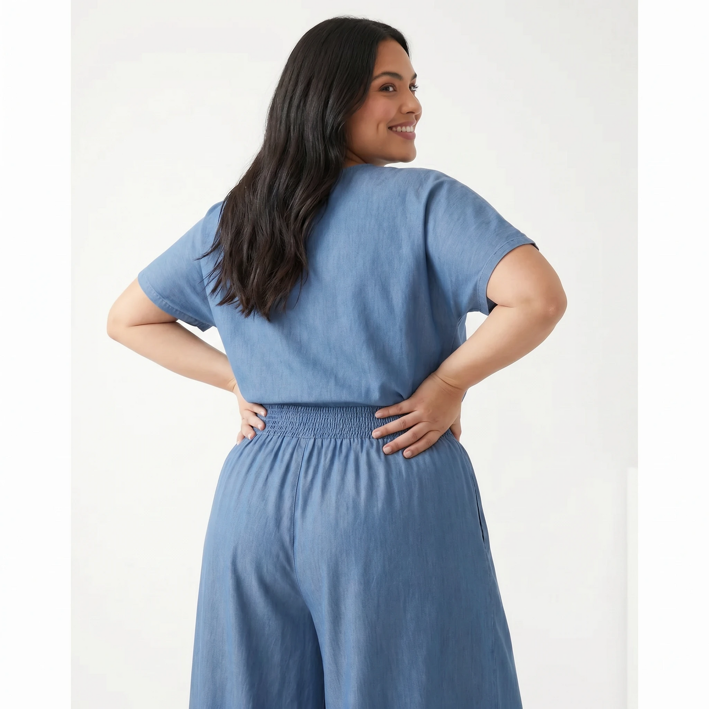 Paw Drazzel Boutique Women's High-Waisted, Straight Wide Leg, Elastic Waist Band, Smooth Front Panel, Side Pockets,  Gathered Denim, Lounge Pants