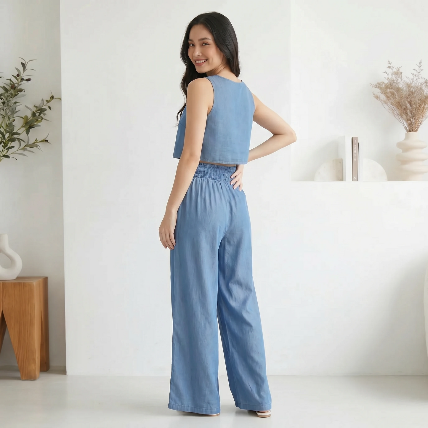 Paw Drazzel Boutique Women's High-Waisted, Straight Wide Leg, Elastic Waist Band, Smooth Front Panel, Side Pockets,  Gathered Denim, Lounge Pants