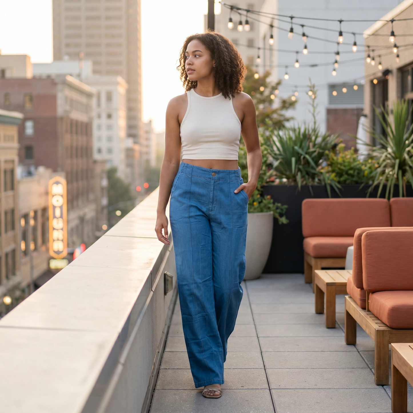 Paw Drazzel Boutique Women's High-Waisted, Straight Wide Leg, Straight Waist Line,  Front Button and Zipper, Side Pockets, Wide Leg Denim Pants