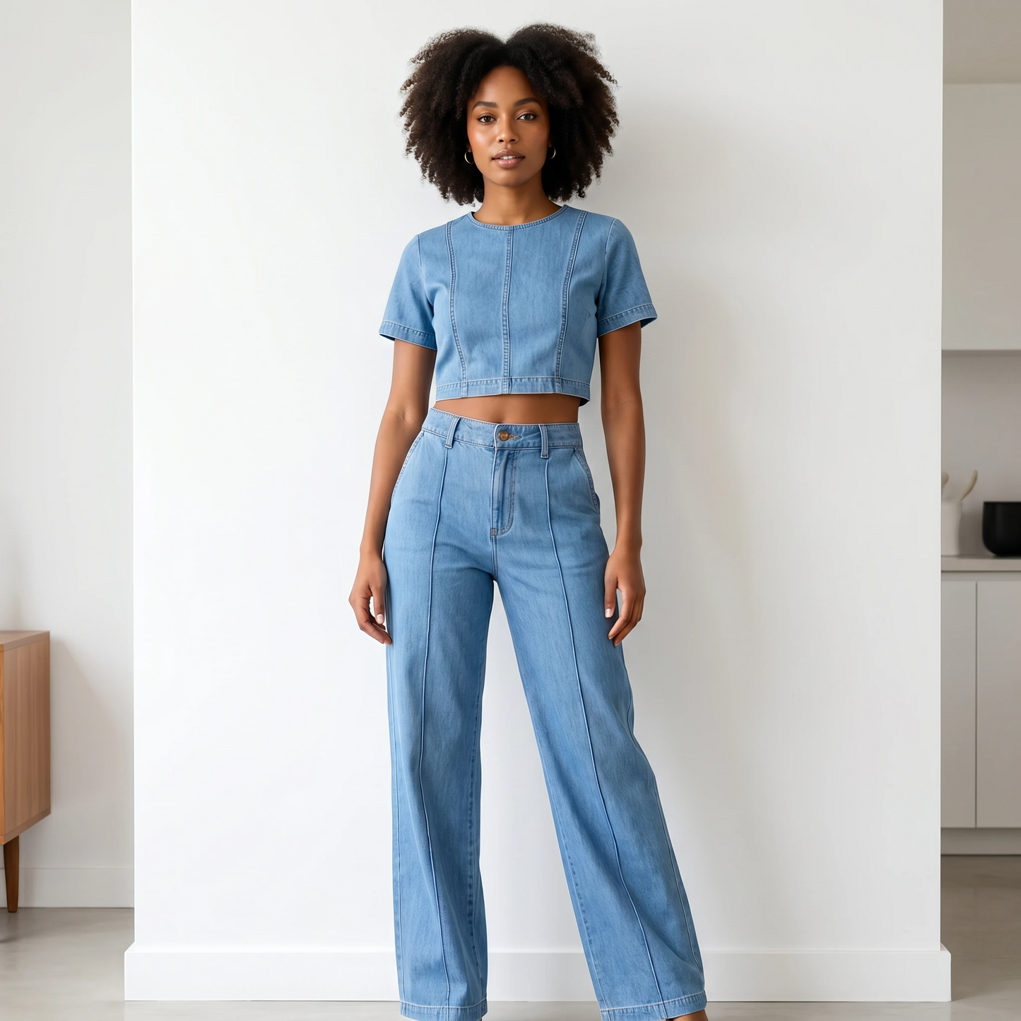 Paw Drazzel Boutique Women's High-Waisted, Straight Wide Leg, Straight Waist Line,  Front Button and Zipper, Side Pockets, Wide Leg Denim Pants