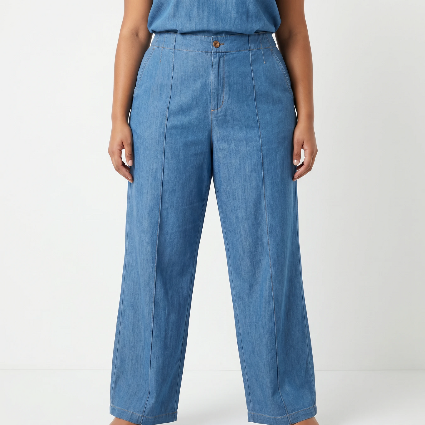 Paw Drazzel Boutique Women's High-Waisted, Straight Wide Leg, Straight Waist Line,  Front Button and Zipper, Side Pockets, Wide Leg Denim Pants