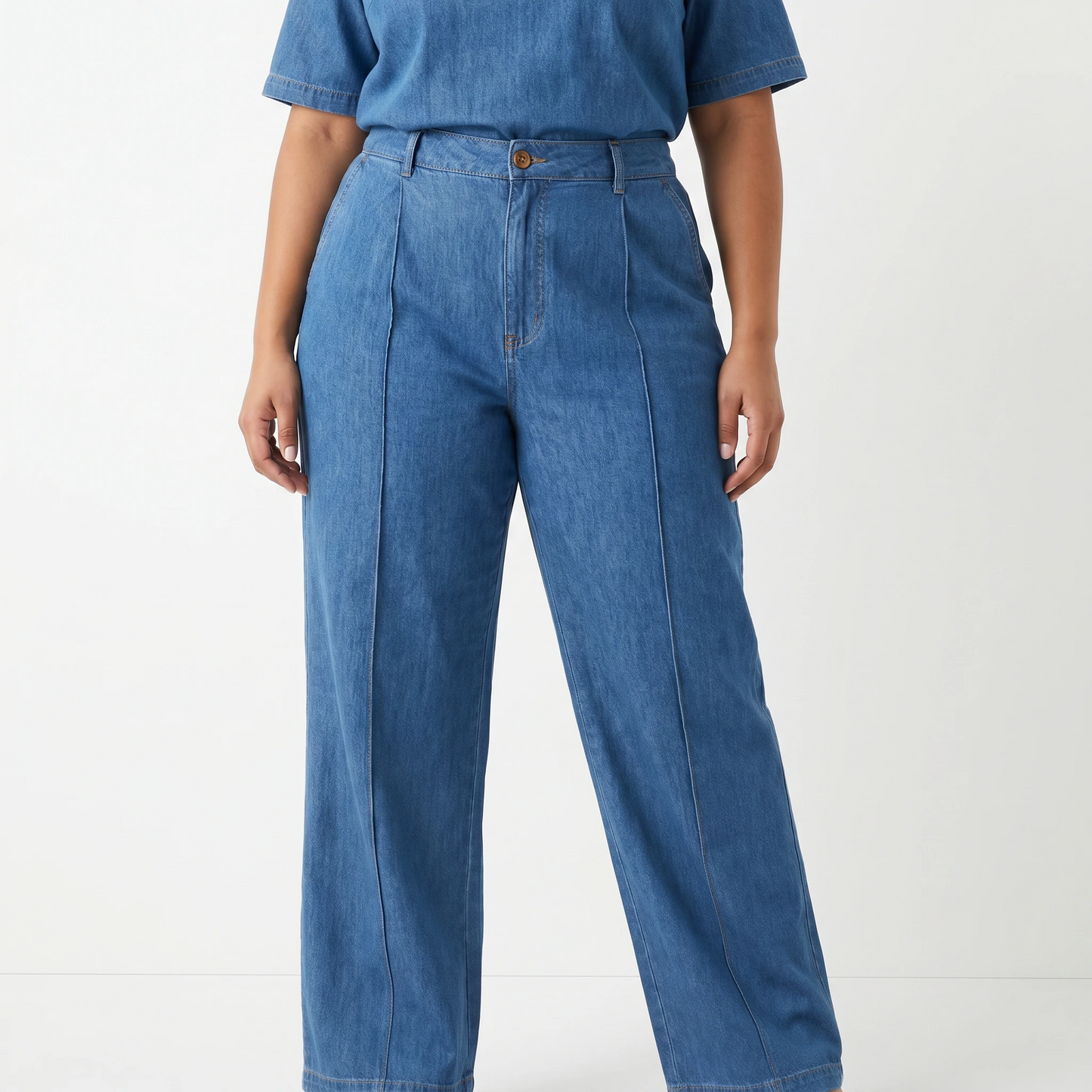 Paw Drazzel Boutique Women's High-Waisted, Straight Wide Leg, Straight Waist Line,  Front Button and Zipper, Side Pockets, Wide Leg Denim Pants