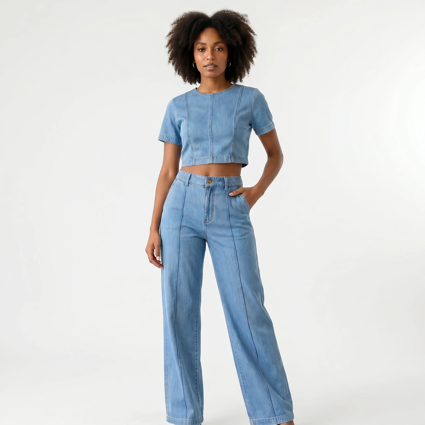 Paw Drazzel Boutique Women's High-Waisted, Straight Wide Leg, Straight Waist Line,  Front Button and Zipper, Side Pockets, Wide Leg Denim Pants