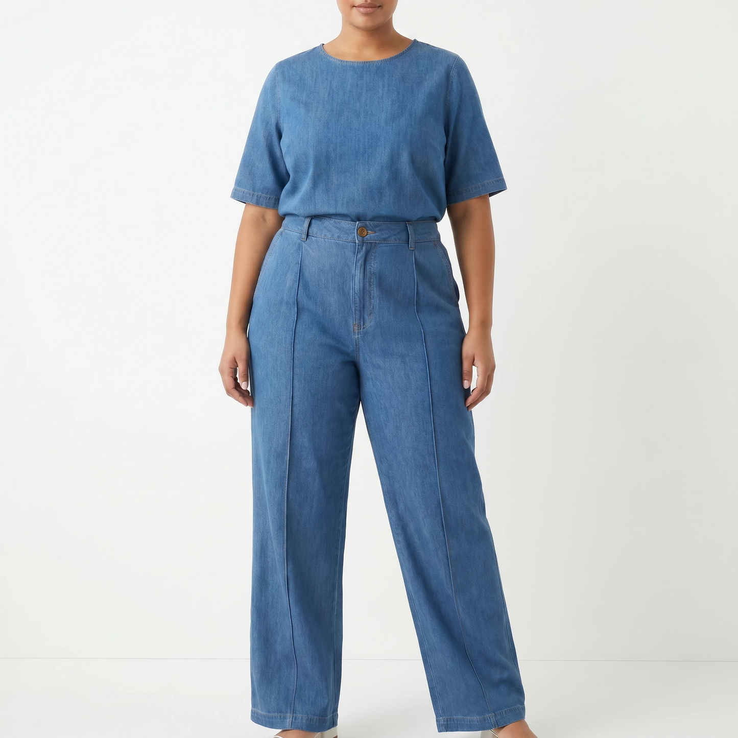 Paw Drazzel Boutique Women's High-Waisted, Straight Wide Leg, Straight Waist Line,  Front Button and Zipper, Side Pockets, Wide Leg Denim Pants