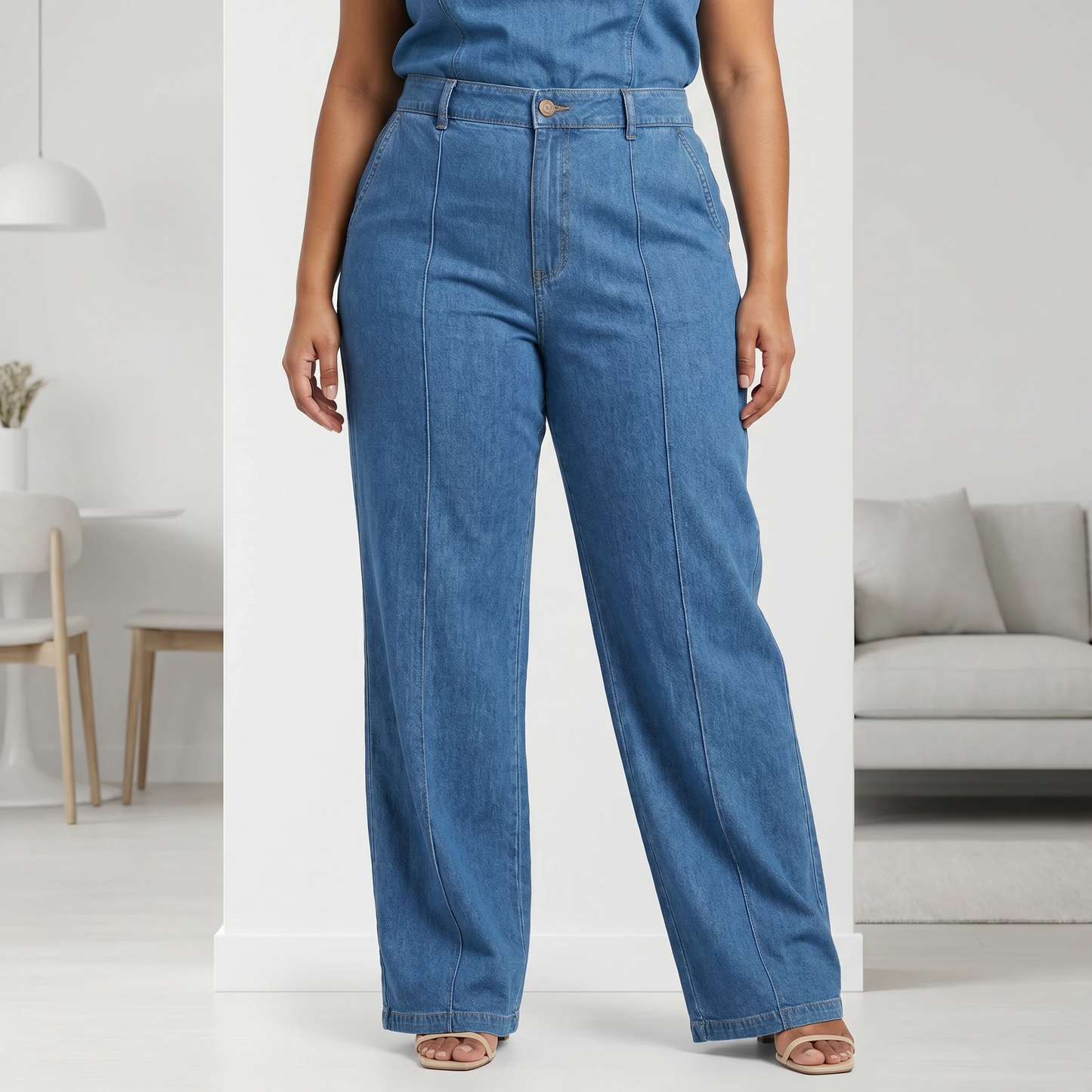 Paw Drazzel Boutique Women's High-Waisted, Straight Wide Leg, Straight Waist Line,  Front Button and Zipper, Side Pockets, Wide Leg Denim Pants