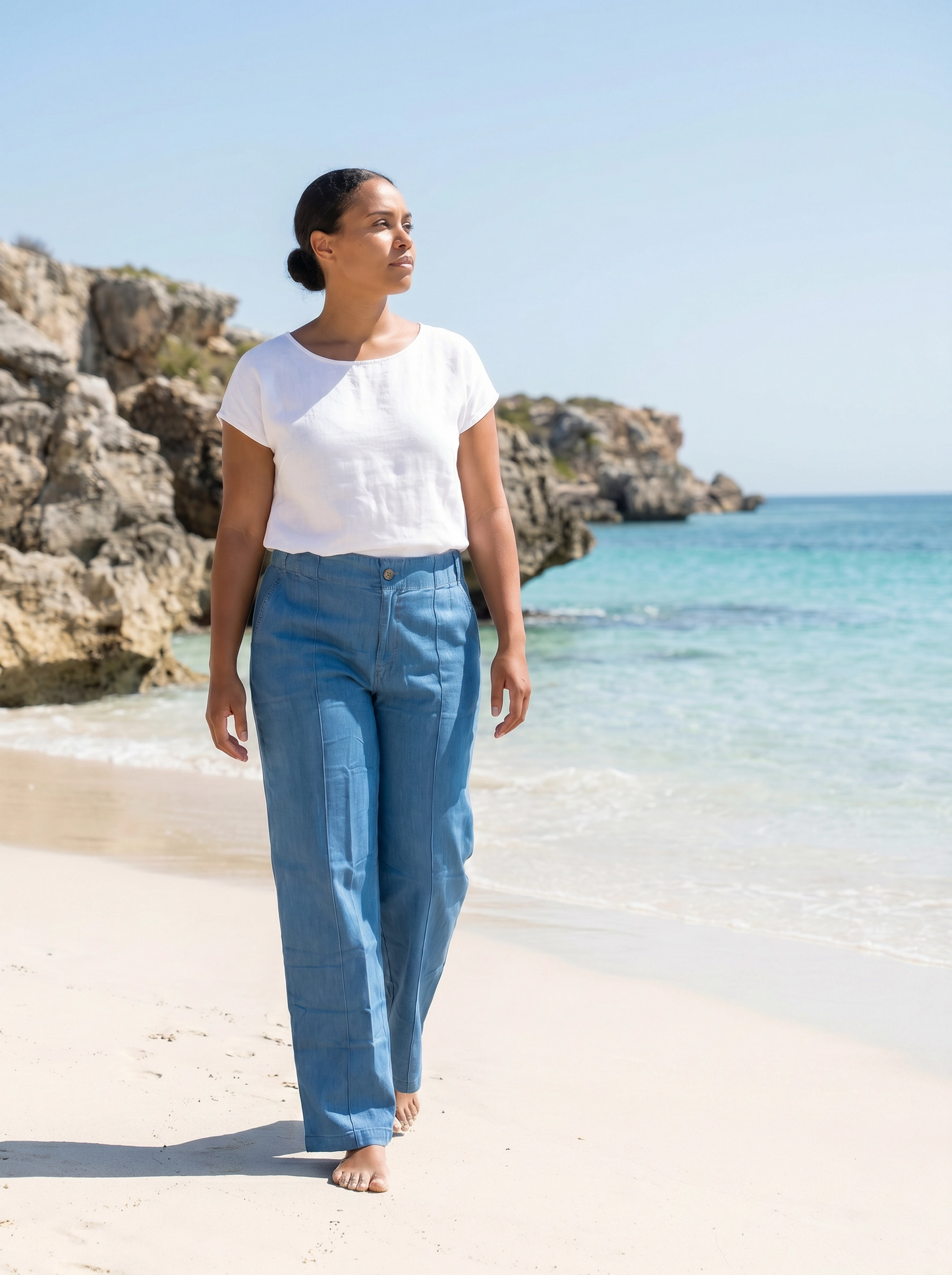 Paw Drazzel Boutique Women's High-Waisted, Straight Wide Leg, Straight Waist Line,  Front Button and Zipper, Side Pockets, Wide Leg Denim Pants