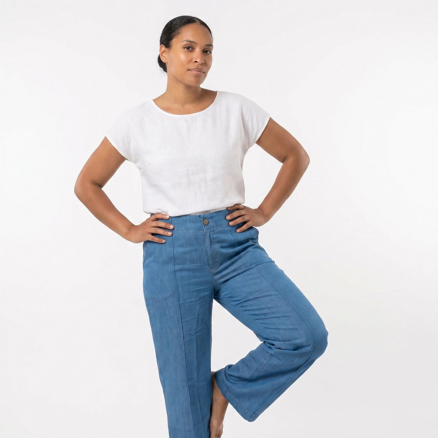 Paw Drazzel Boutique Women's High-Waisted, Straight Wide Leg, Straight Waist Line,  Front Button and Zipper, Side Pockets, Wide Leg Denim Pants