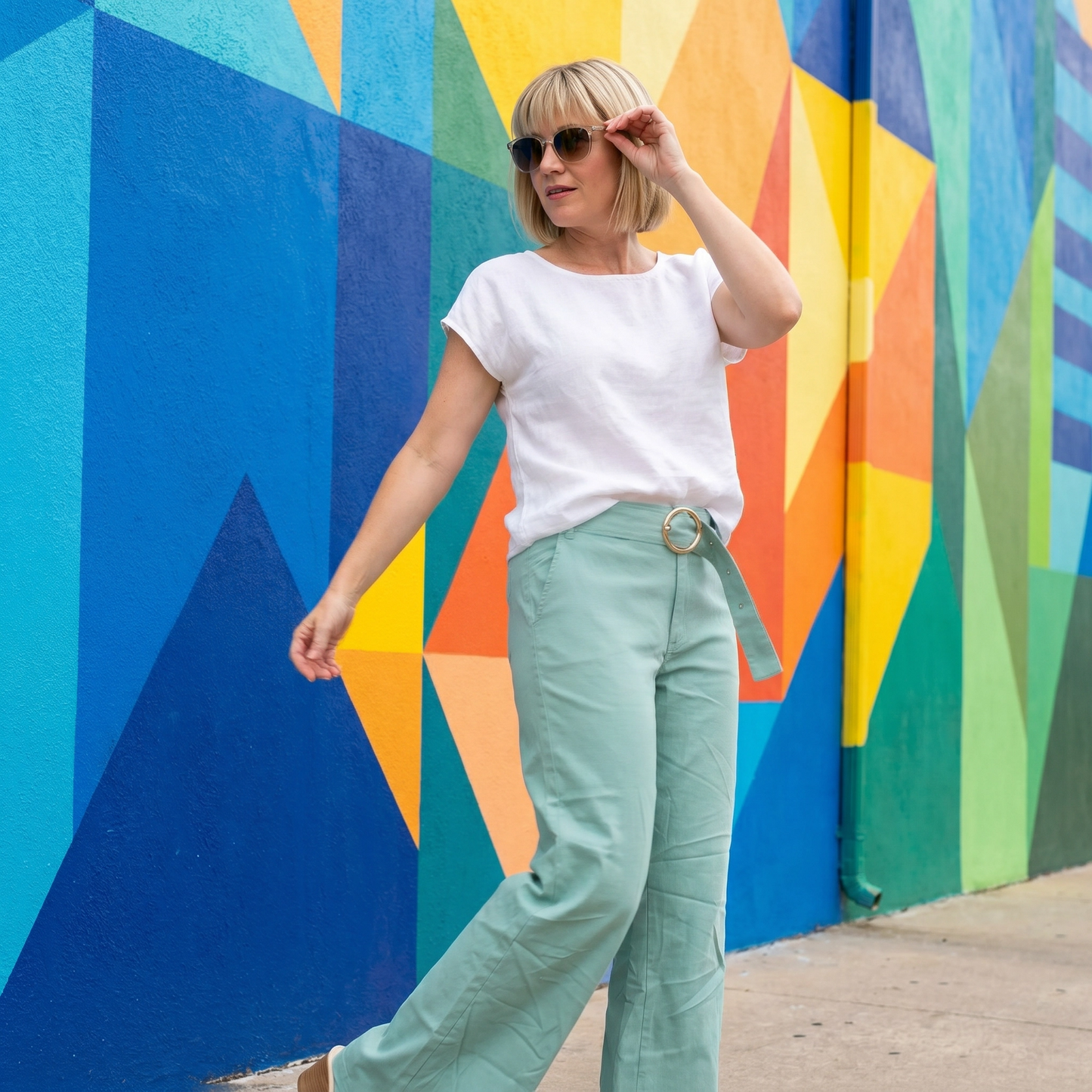 Paw Drazzel Boutique Women's Mid-Waisted, Belted, Pocketed, Straight/Wide-Leg, Tailored Kay Pants