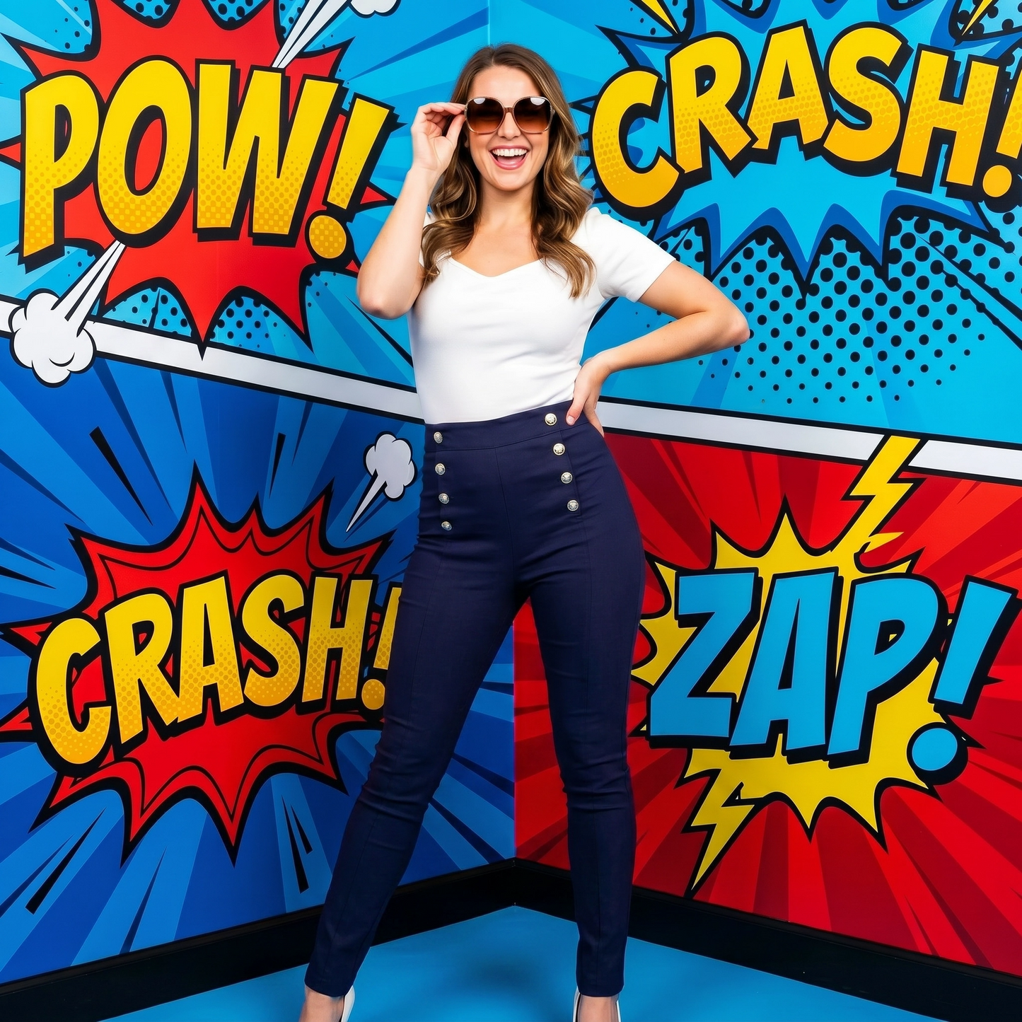 Paw Drazzel Boutique Women's High-Waisted, Flat Front, No Pocket, Side Zipper, Decorative Buttons, Tapered Leg, Tailored Tee Pants