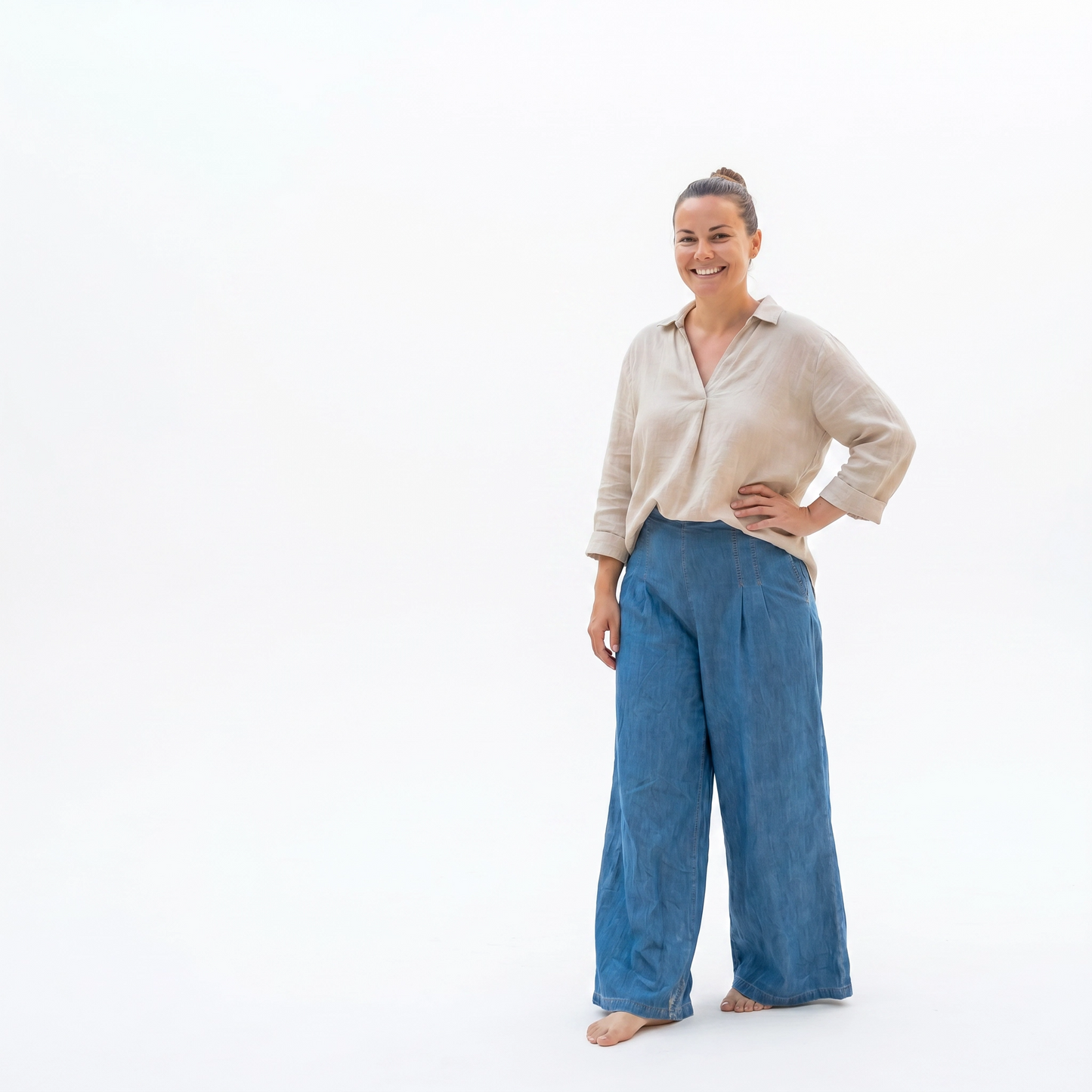 Paw Drazzel Boutique Women's High-Waisted, Straight Wide Leg, Straight Waist Line,  Front Seam, Side Zipper, Denim Pull-Up Pants