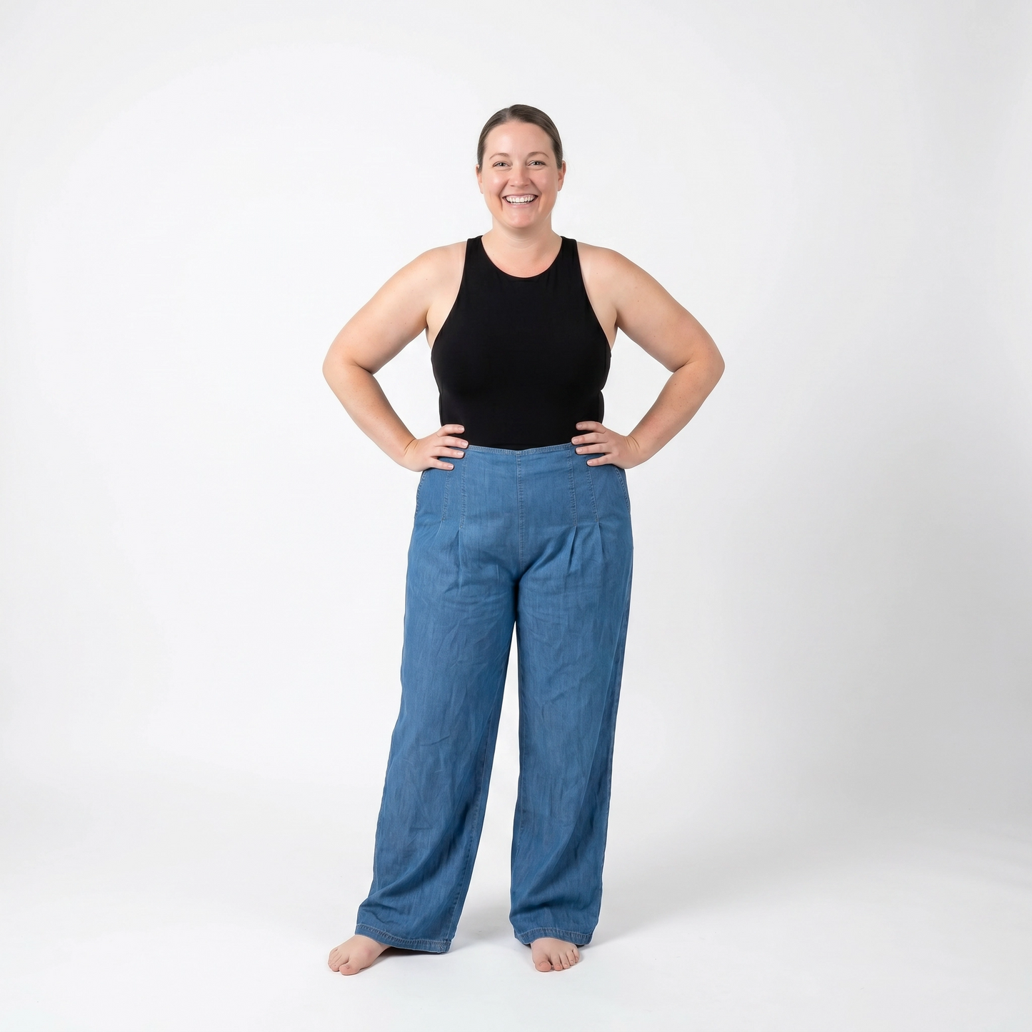 Paw Drazzel Boutique Women's High-Waisted, Straight Wide Leg, Straight Waist Line,  Front Seam, Side Zipper, Denim Pull-Up Pants