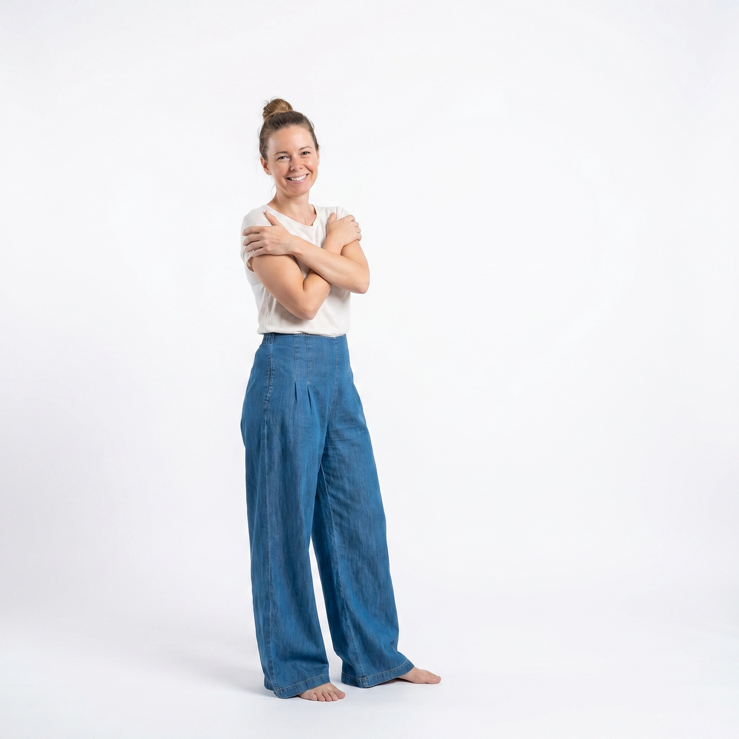 Paw Drazzel Boutique Women's High-Waisted, Straight Wide Leg, Straight Waist Line,  Front Seam, Side Zipper, Denim Pull-Up Pants