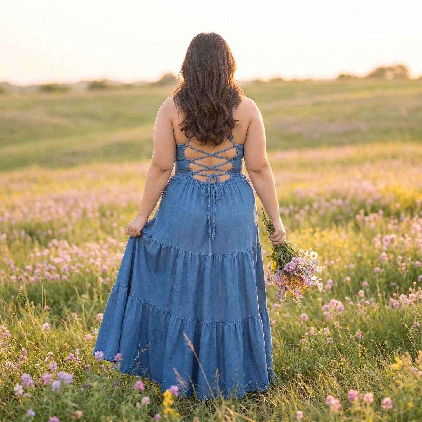 Paw Drazzel Boutique Women's Casualwear, Sleeveless, Wash Chambray, Maxi, Casual Strappy Square Neck, Empire Waist, Tiered Long Dress