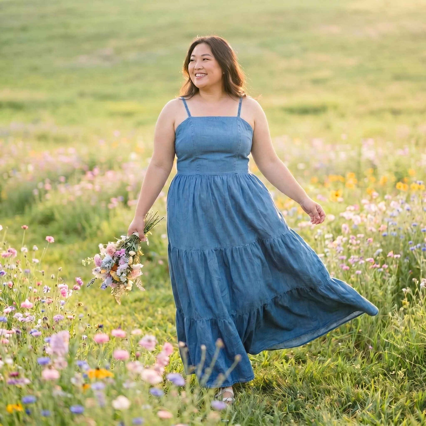 Paw Drazzel Boutique Women's Casualwear, Sleeveless, Wash Chambray, Maxi, Casual Strappy Square Neck, Empire Waist, Tiered Long Dress