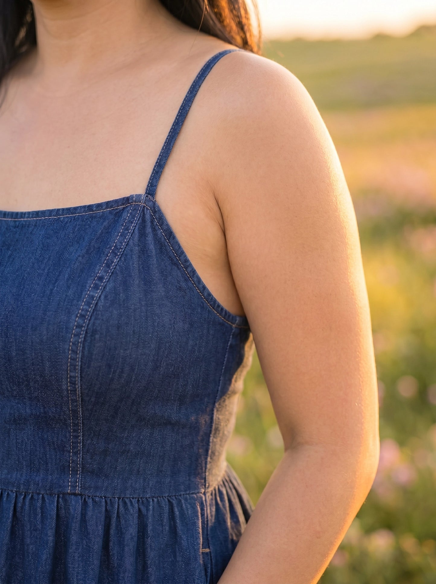 Paw Drazzel Boutique Women's Casualwear, Sleeveless, Wash Chambray, Maxi, Casual Strappy Square Neck, Empire Waist, Tiered Long Dress