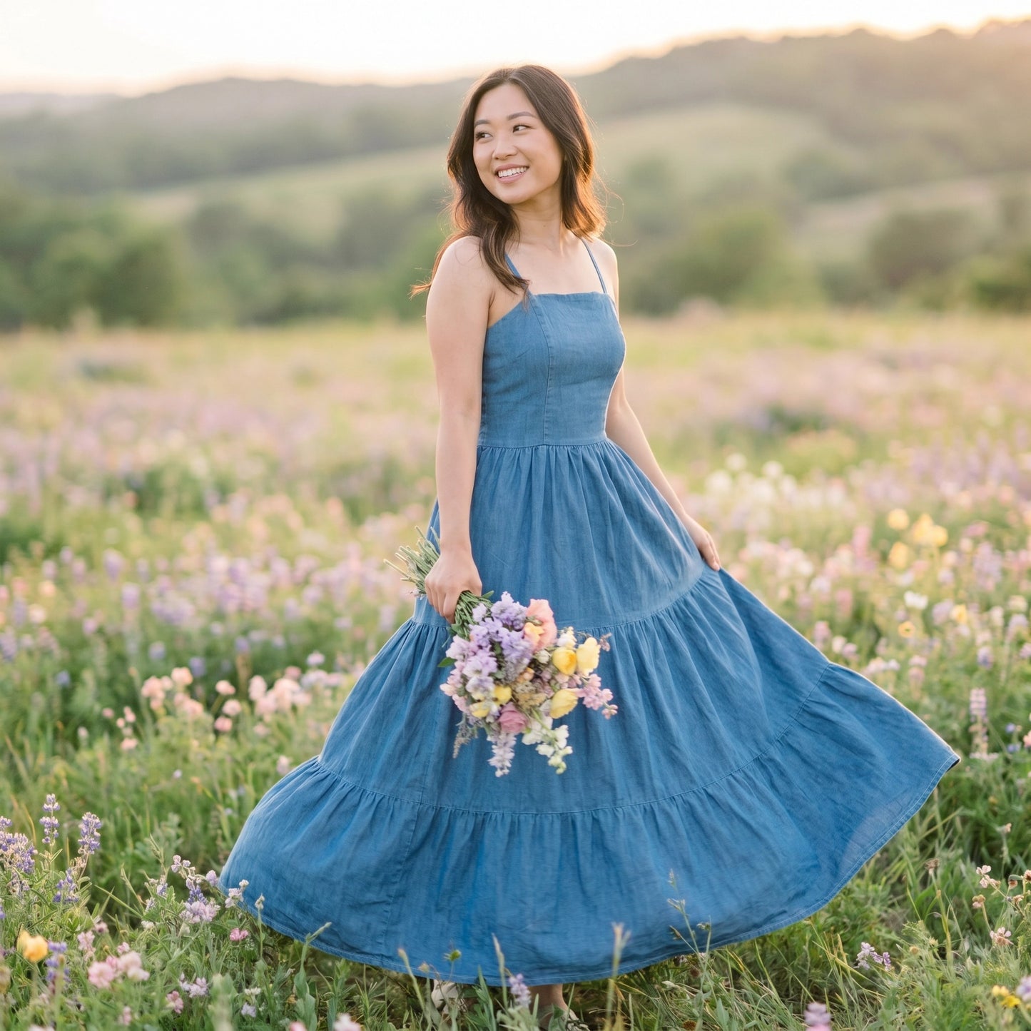 Paw Drazzel Boutique Women's Casualwear, Sleeveless, Wash Chambray, Maxi, Casual Strappy Square Neck, Empire Waist, Tiered Long Dress