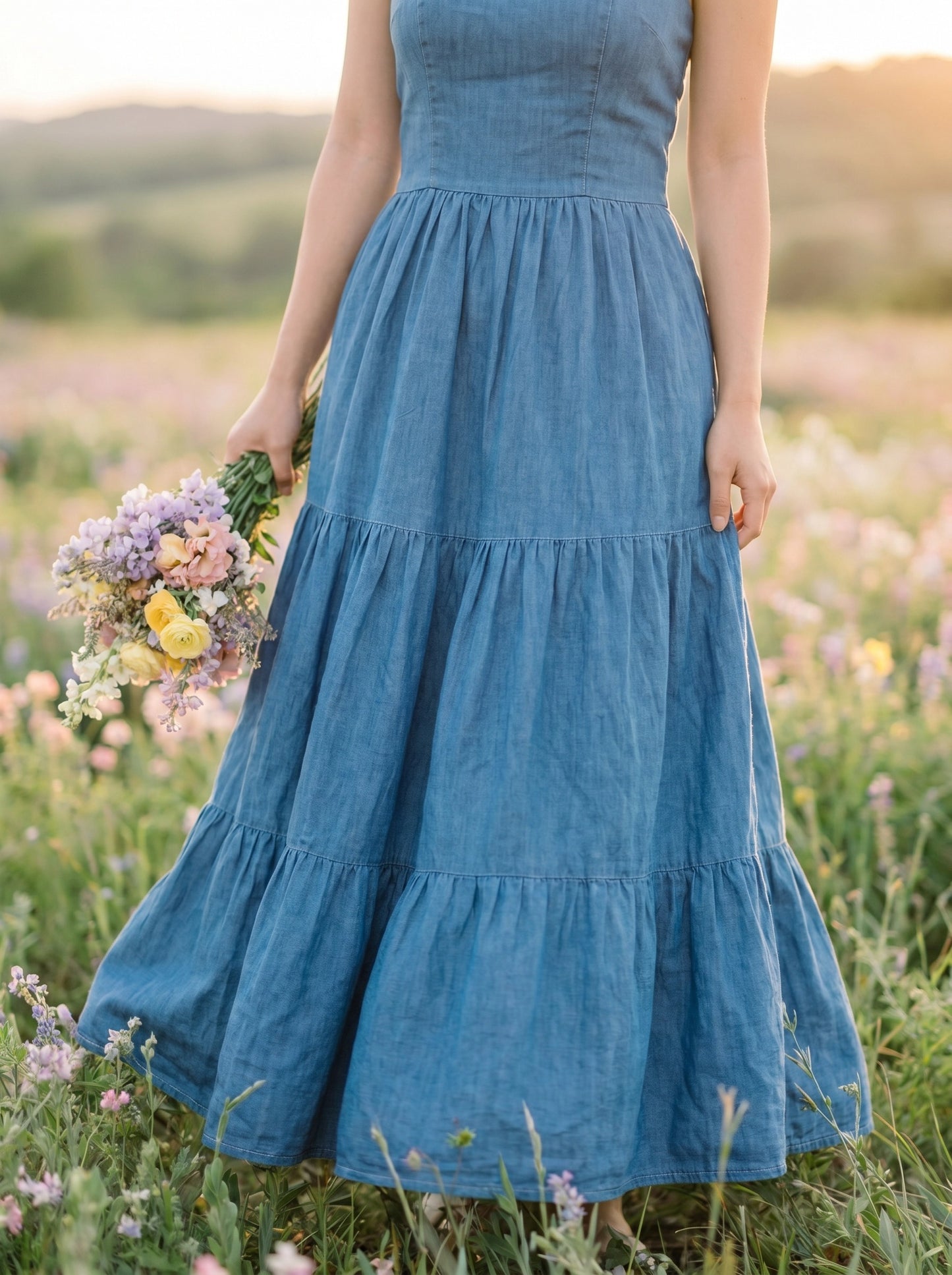 Paw Drazzel Boutique Women's Casualwear, Sleeveless, Wash Chambray, Maxi, Casual Strappy Square Neck, Empire Waist, Tiered Long Dress