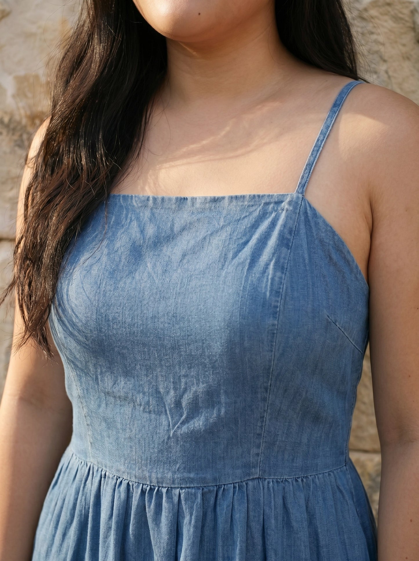 Paw Drazzel Boutique Women's Casualwear, Sleeveless, Wash Chambray, Maxi, Casual Strappy Square Neck, Empire Waist, Tiered Long Dress
