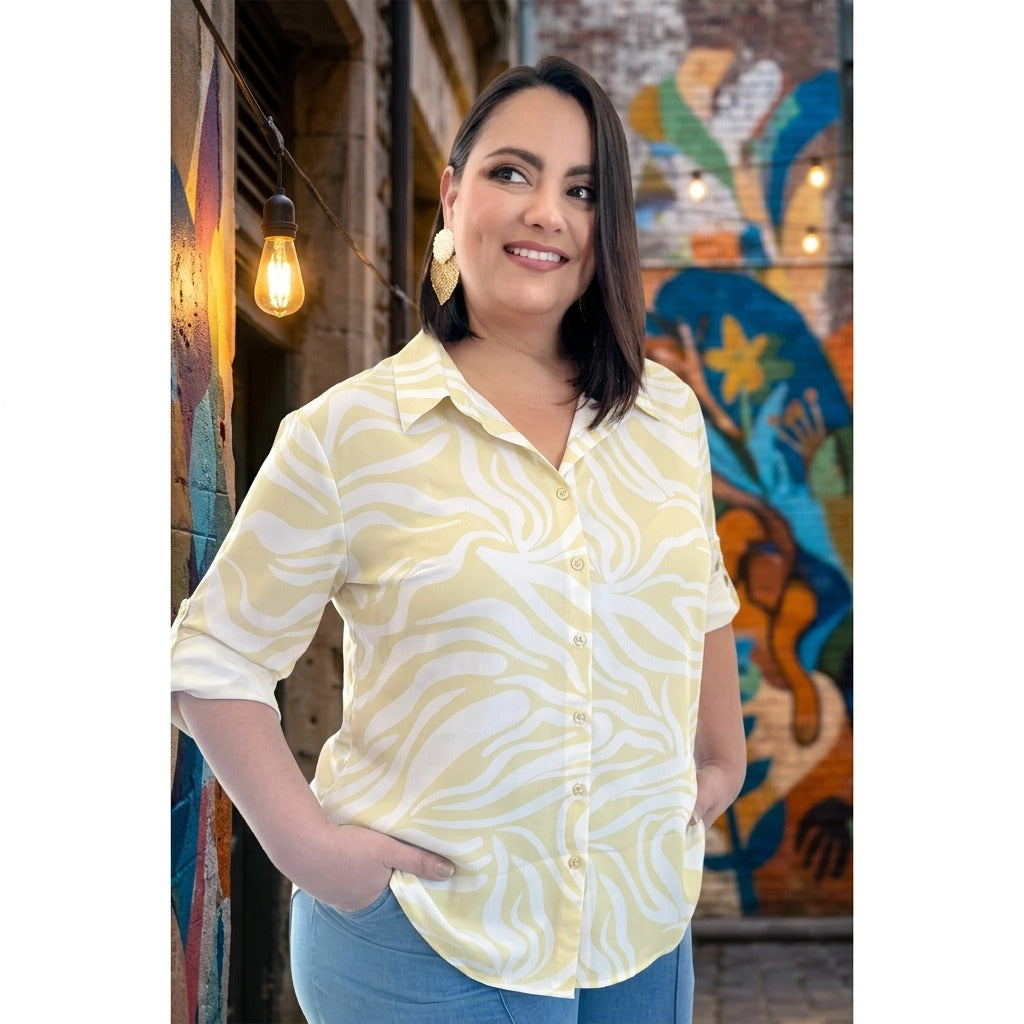 Paw Drazzel Boutique Women's Casualwear, Abstract Wave, Adjustable 3/4 Sleeve, Collared Shirt