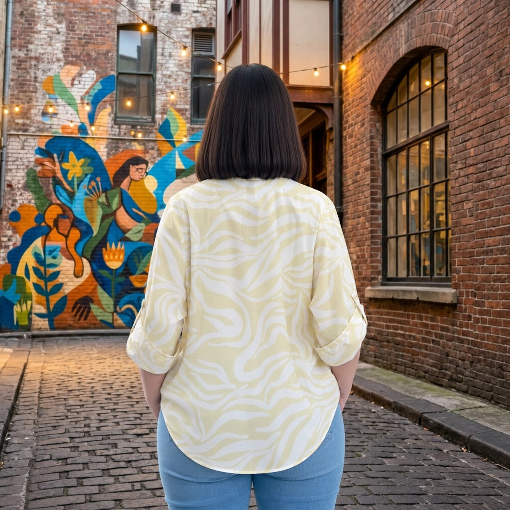 Paw Drazzel Boutique Women's Casualwear, Abstract Wave, Adjustable 3/4 Sleeve, Collared Shirt