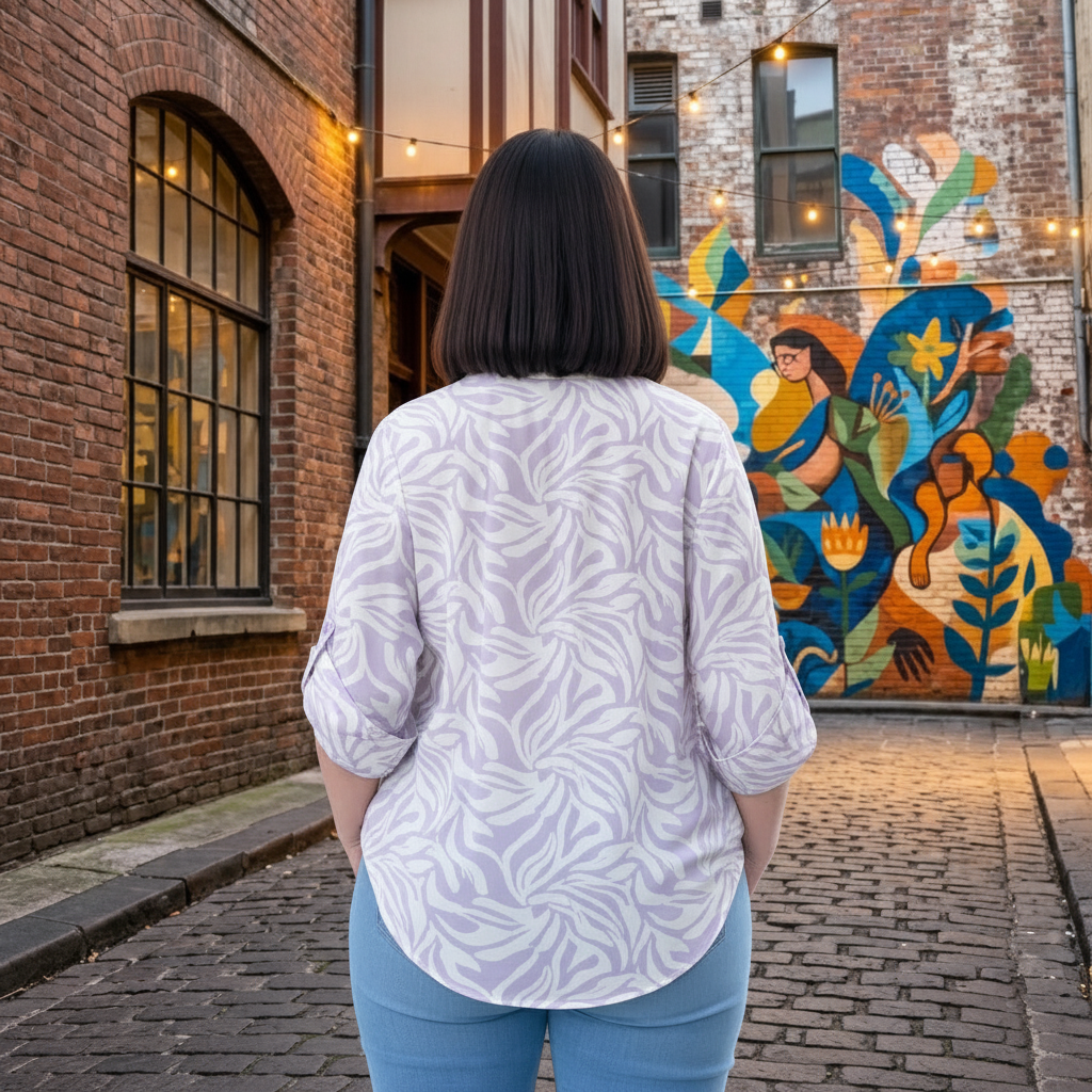 Paw Drazzel Boutique Women's Casualwear, Abstract Wave, Adjustable 3/4 Sleeve, Collared Shirt