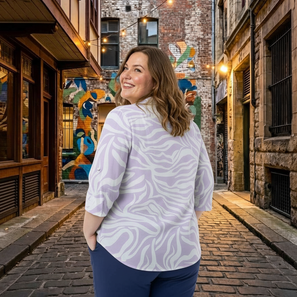 Paw Drazzel Boutique Women's Casualwear, Abstract Wave, Adjustable 3/4 Sleeve, Collared Shirt