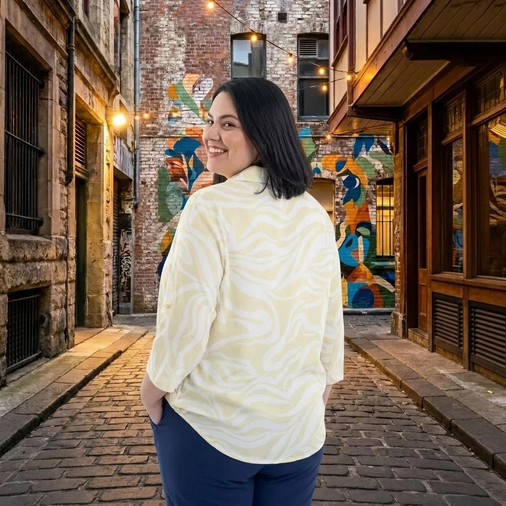 Paw Drazzel Boutique Women's Casualwear, Abstract Wave, Adjustable 3/4 Sleeve, Collared Shirt